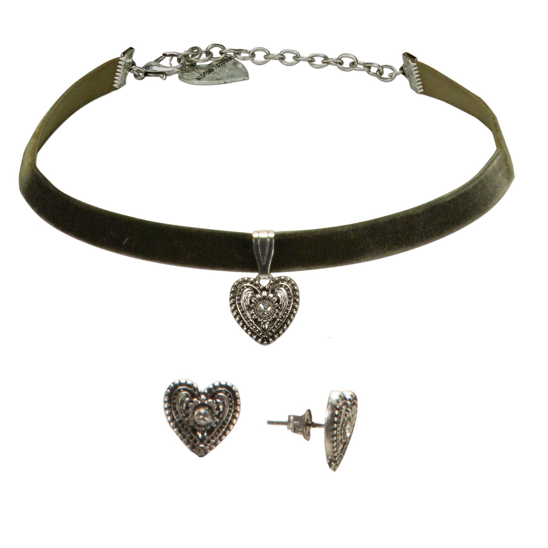 Ketten-Set Trachtenschmuck-Set Trachten-Samt-Kropfband und Ohrstecker Trachtenherz (grün)