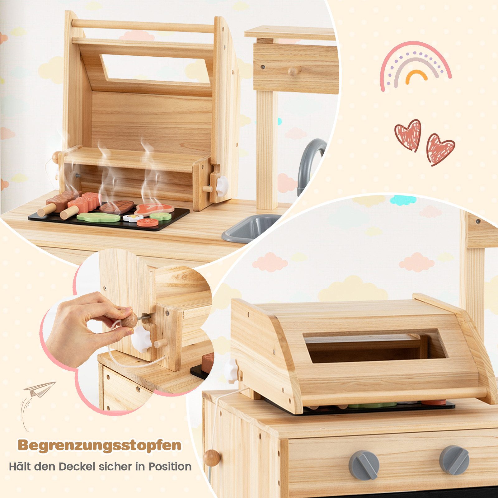 COSTWAY Outdoor-Spielküche Holz, Kinder-Grill BBQ, Outdoor Spielgrill, Holz