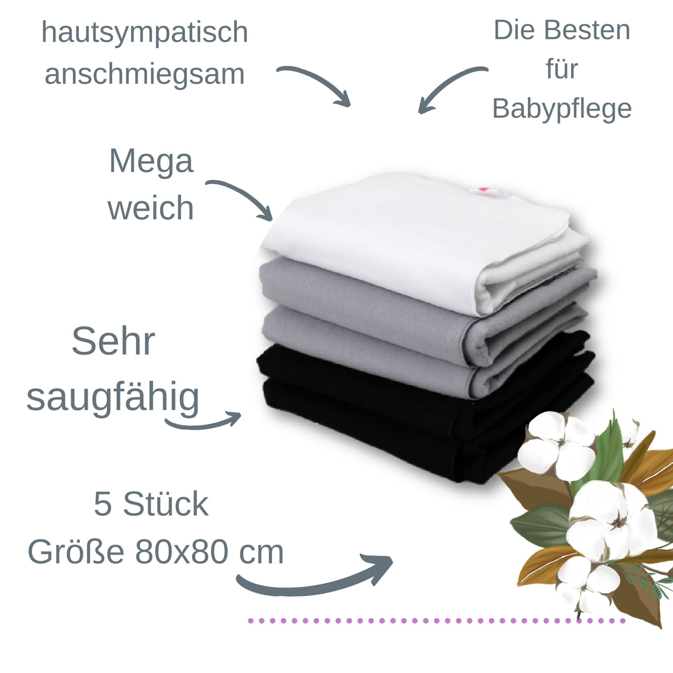 Babymajawelt Spucktuch Ultraweiche Baby Molton Tücher 80x80cm - Spucktücher Stoffwindeln, (Set, 5-tlg., Saugfähige Waschbare Moltonwindeln), Inkontinenz, Wickeln, Windeln, Sichtschutz. EU-Qualität