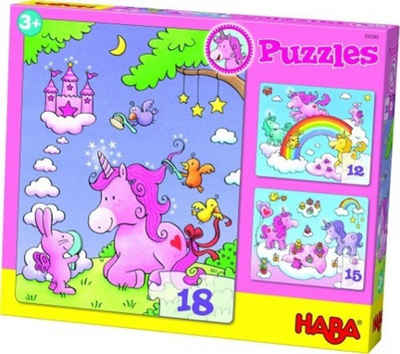 Haba Puzzle Puzzles Einhorn Glitzerglück. 3 Motive 12, 15, 18 Teile, 18 Puzzleteile