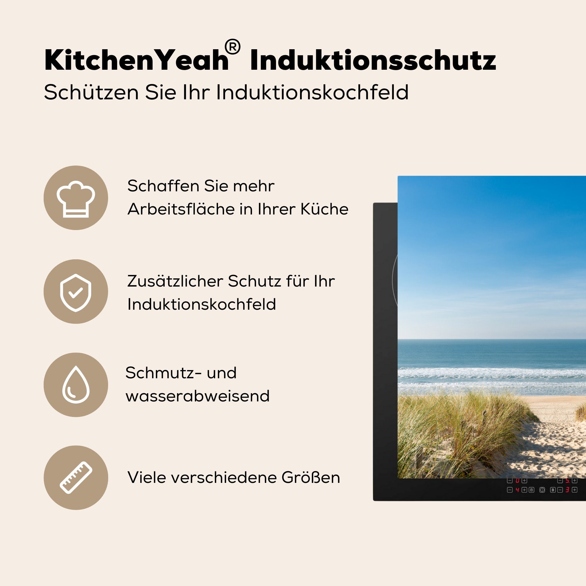 Induktionskochfeld (1 58x51 Dekoration Vinyl, Strand für Meer Düne Sand - Küchen - - Herdblende-/Abdeckplatte cm, MuchoWow tlg), - Sommer, Induktionsherd,