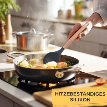 Praknu Kochbesteck-Set - 8 Silikon Küchenhelfer, Holzgriff Kochgeschirr Küchenutensilien (Set, 8-tlg), Küchen Accessoires Zubehör Haushalt Set & Halterung / Aufhängeschlaufe