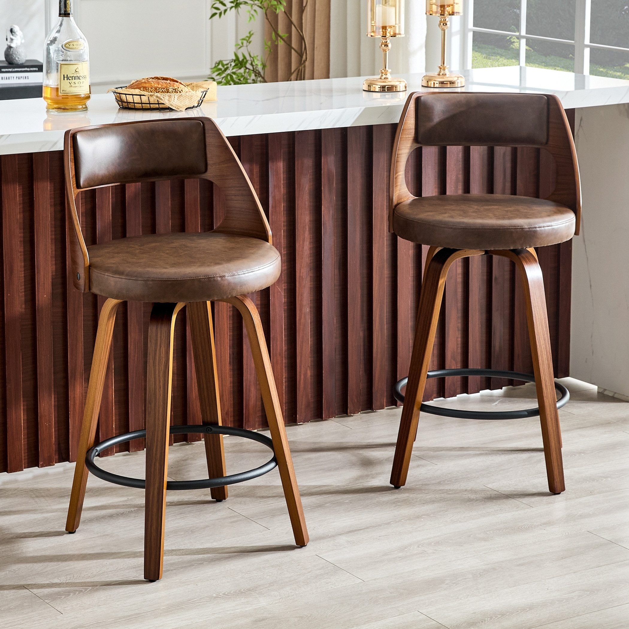 SeedWave Barhocker 2er Set Barstuhl mit Drehsitz, PU-Bezug Küchenhocker mit Holzfüßen, skandinavisches Design, Gebogene Rückenlehne,Metallfußstütze