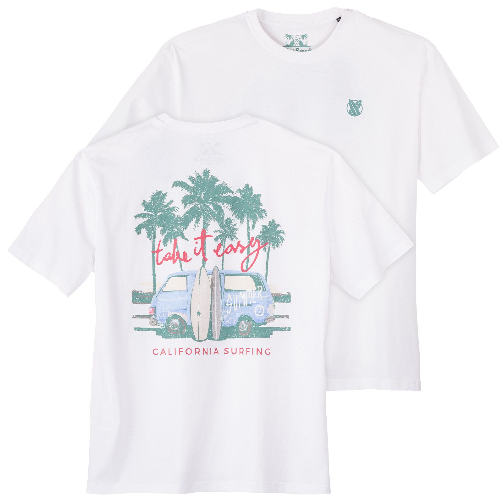 Print-Shirt Calm Beach Übergrößen weiß Rückenprint Palme T-Shirt