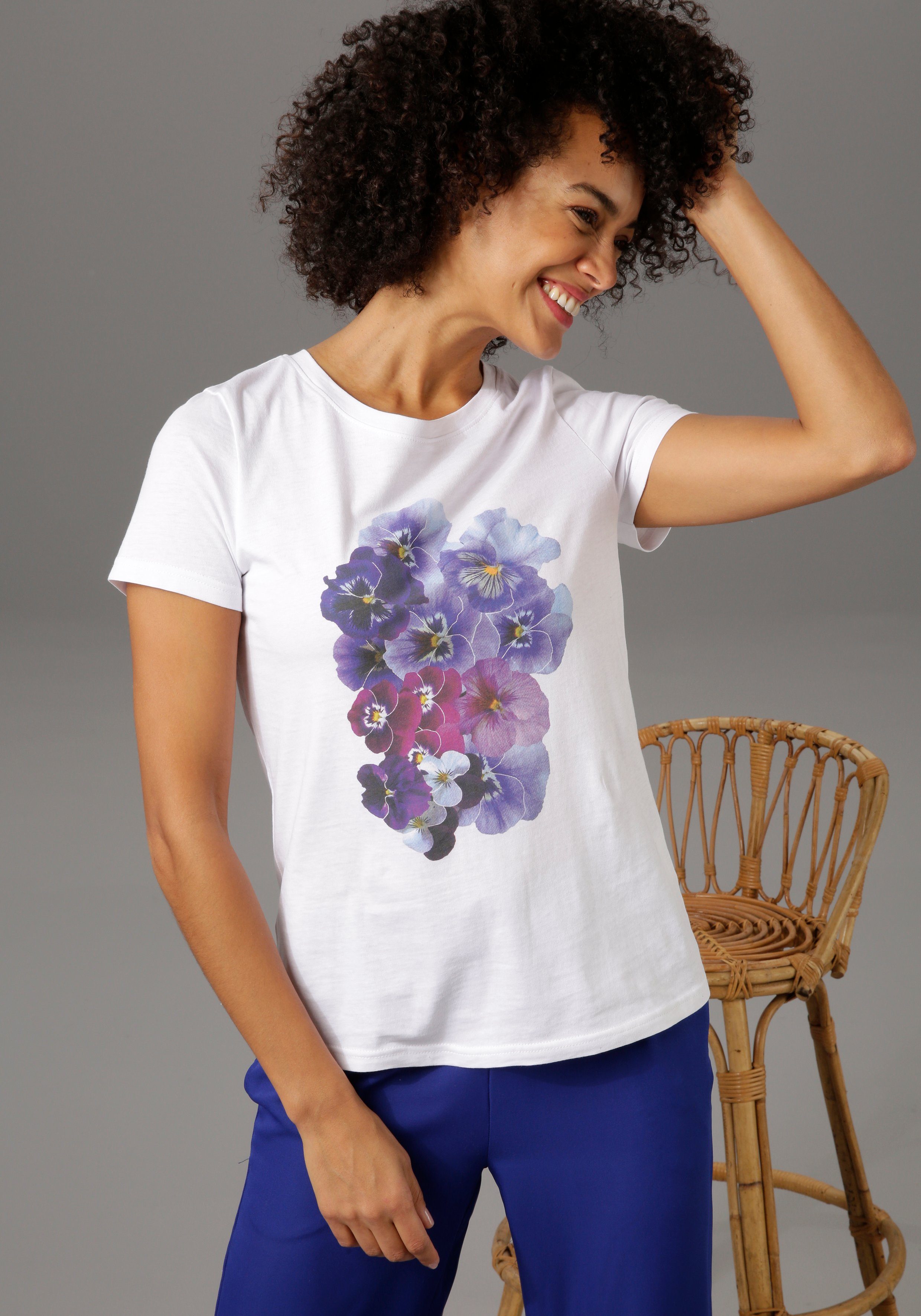 Damen Shirts Aniston CASUAL T-Shirt Floraler Frontdruck mit Stiefmütterchen