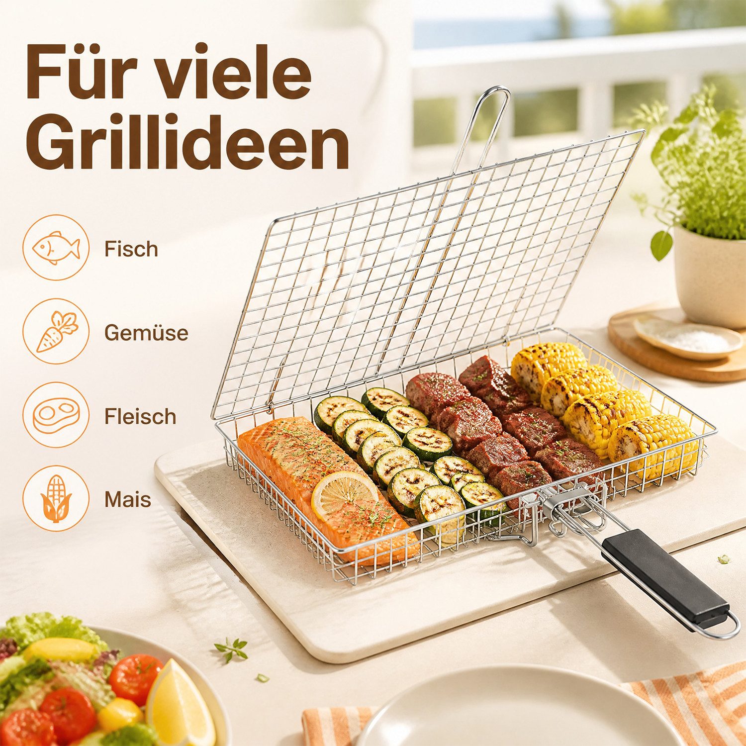 HEYHIPPO Grillrosteinsatz Grillkorb Edelstahl 32×22,5cm, mit 4 Spießen, Bürste, Zange & Tasche, (5-St., Grillkorb Set – mit Zubehör, vielseitig für Fisch, Steak – Bild 5 von 5