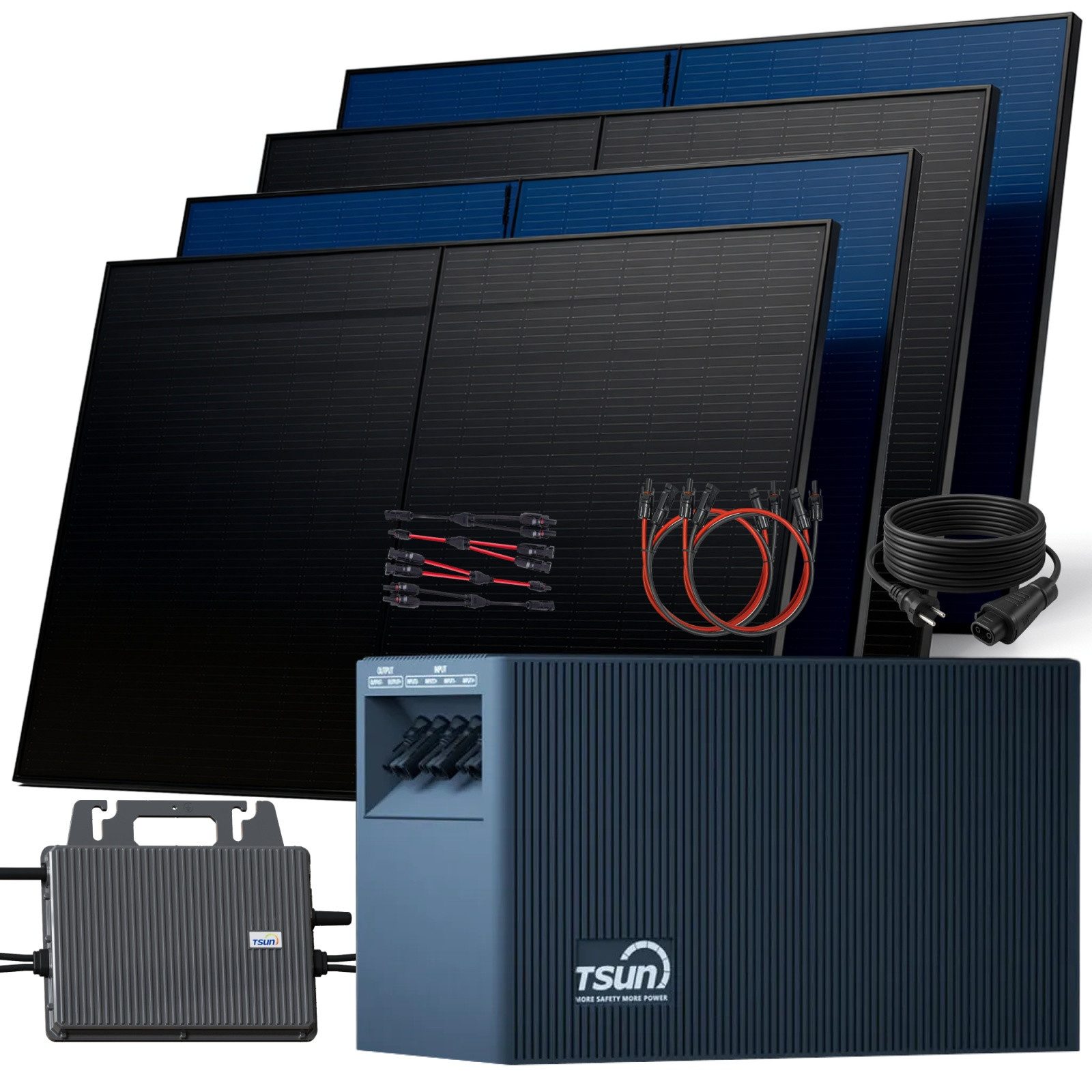 SUNNIVA Balkonkraftwerk 2000W mit 2,01 kWh Speicher TSUN TSOL-DCU2000Lite, (BIFAZIAL FULLBLACK komplett Steckdose, PV Solaranlage Komplettset mit Solarspeicher,4x 500W N-Type Glas-Bifacial Module)