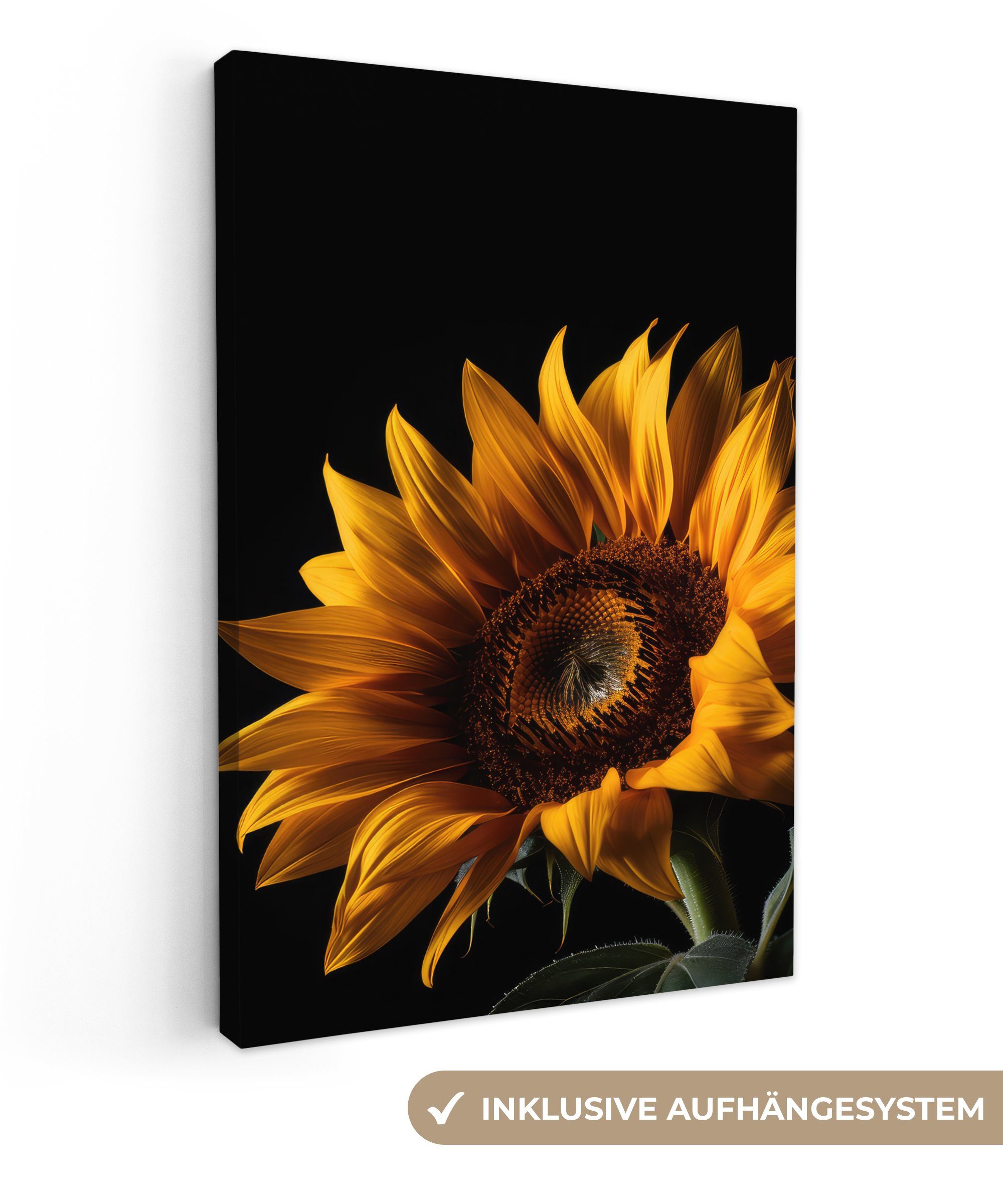 OneMillionCanvasses® Leinwandbild Blumen - Botanisch - Schwarz - Sonnenblume, (1 St), Leinwandbild fertig bespannt inkl. Zackenaufhänger, Gemälde, 20x30 cm