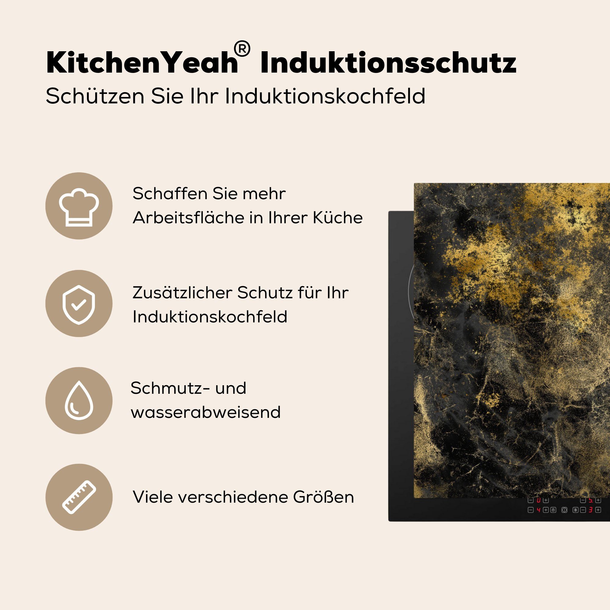 die cm, Herdblende-/Abdeckplatte 81x52 Abstrakt, Schwarz für MuchoWow Induktionskochfeld Vinyl, tlg), küche, - (1 Schutz - Ceranfeldabdeckung Gold