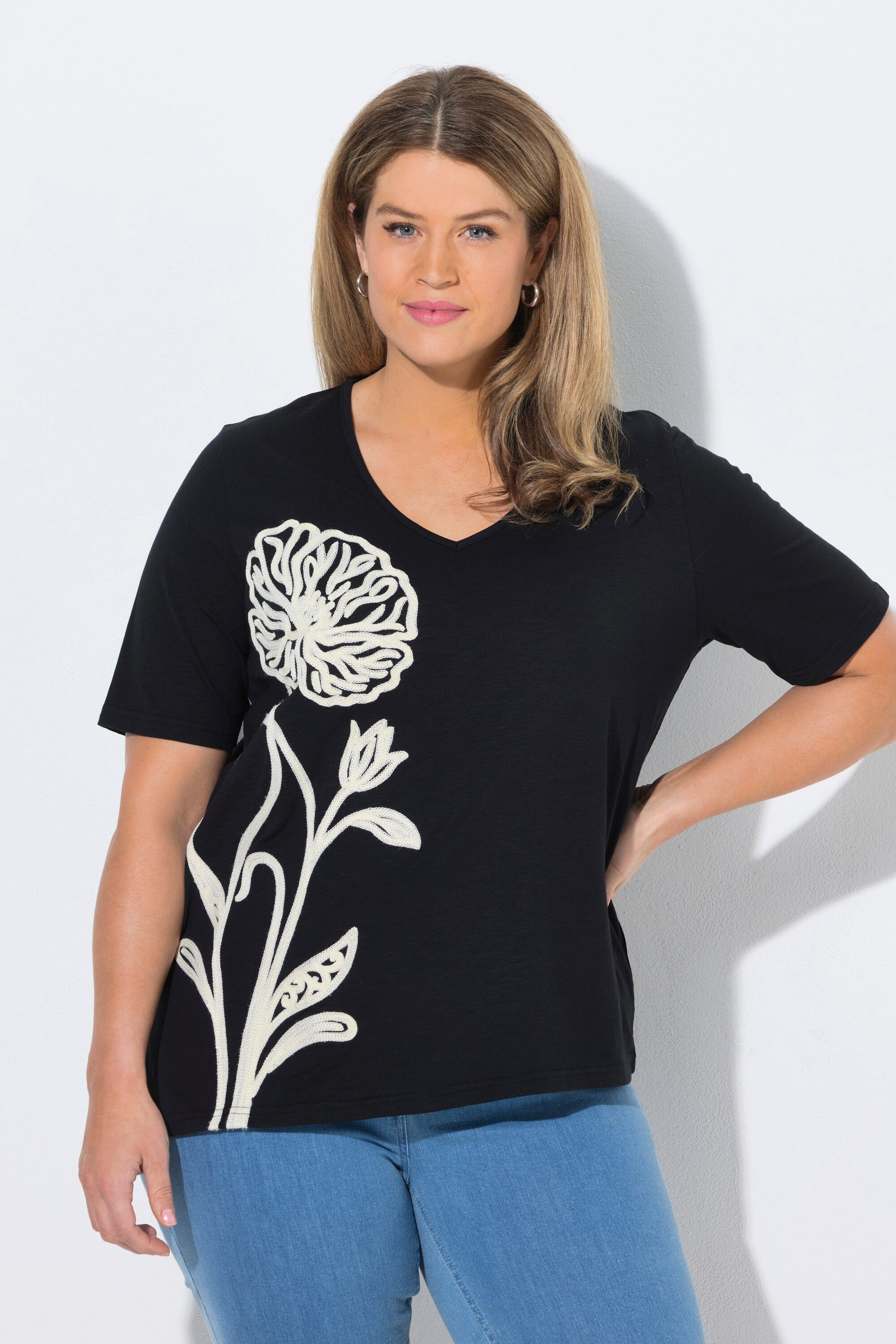 Longshirt Longshirt Stickerei Rundhals Halbarm Biobaumwolle