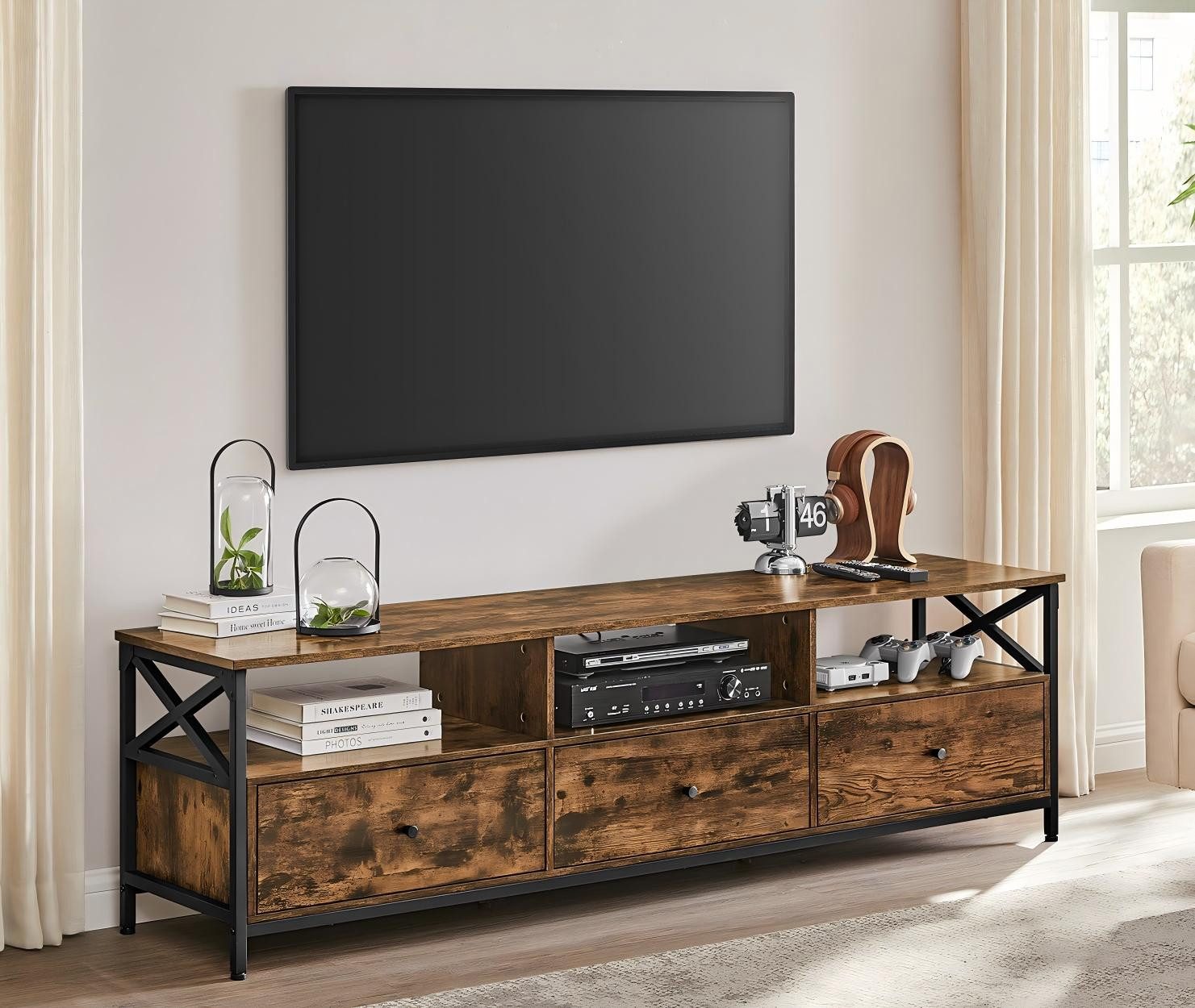 VASAGLE Lowboard TV-Schrank, 3 Schubladen, Breite 147/178cm, Stahlgestell