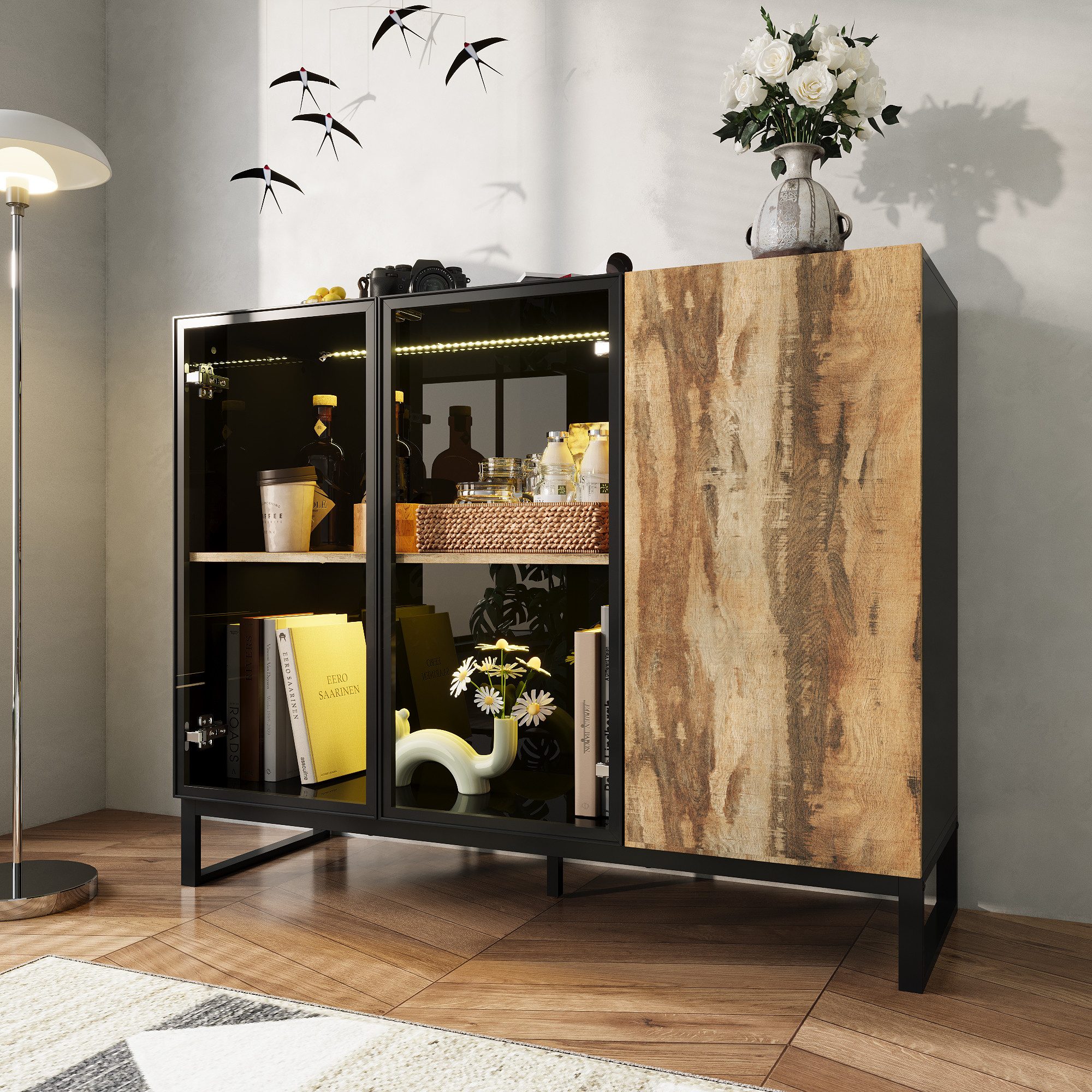 FUFU&GAGA Glasvitrine mit 3 Türen, mit Beleuchtung 8 Farbe + Hochglanz-Finish