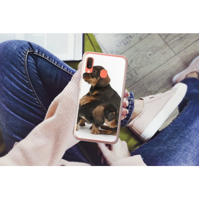 MuchoWow Handyhülle Studiofoto von zwei süßen Dackeln Handyhülle Samsung Galaxy A20e Smartphone-Bumper Print Handy QR11037
