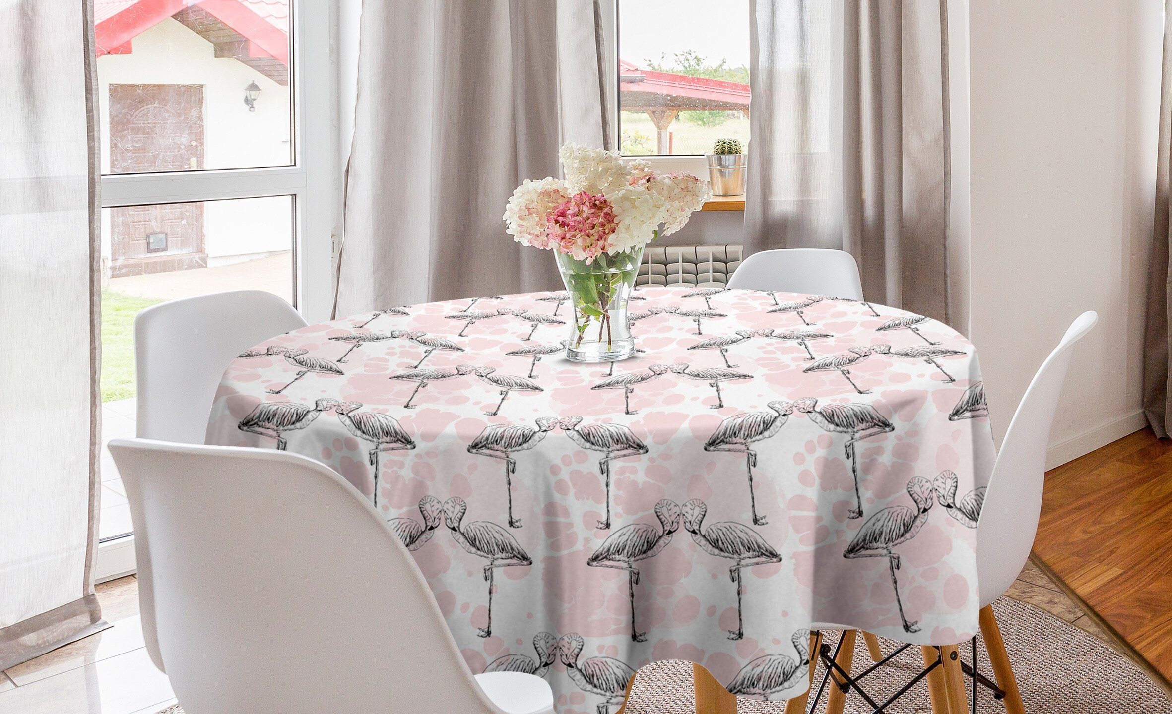 Abakuhaus Tischdecke Kreis Tischdecke Abdeckung für Esszimmer Küche Dekoration, Flamingo Herz-Liebe Valentines