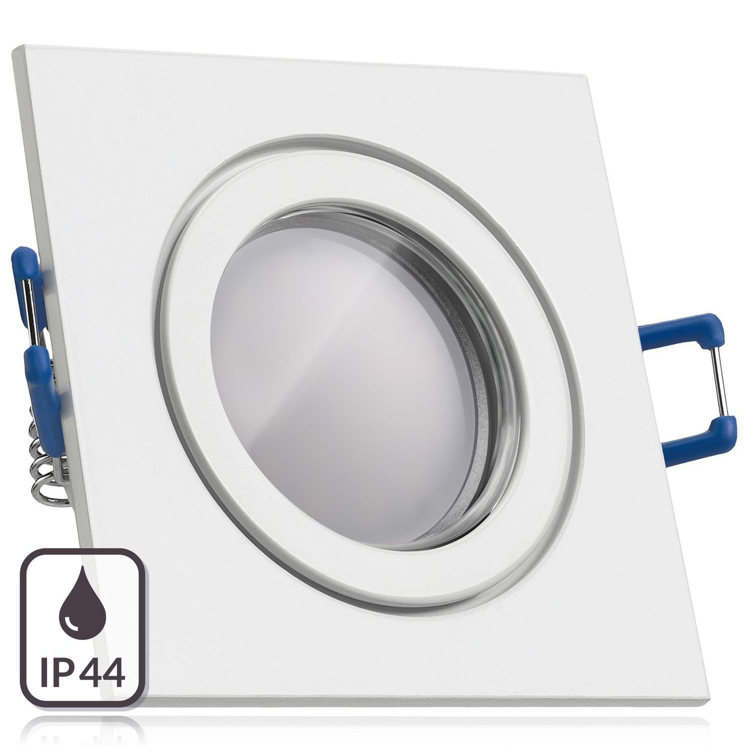 LEDANDO LED Einbaustrahler IP44 LED Einbaustrahler Set Weiß mit LED GU5.3 /  MR16 Markenstrahler von LEDANDO - 5W - warmweiss - 110° Abstrahlwinkel -  Feuchtraum / Badezimmer - 35W Ersatz - A+ - LED Spot 5 Watt -  Spritzwasserschutz