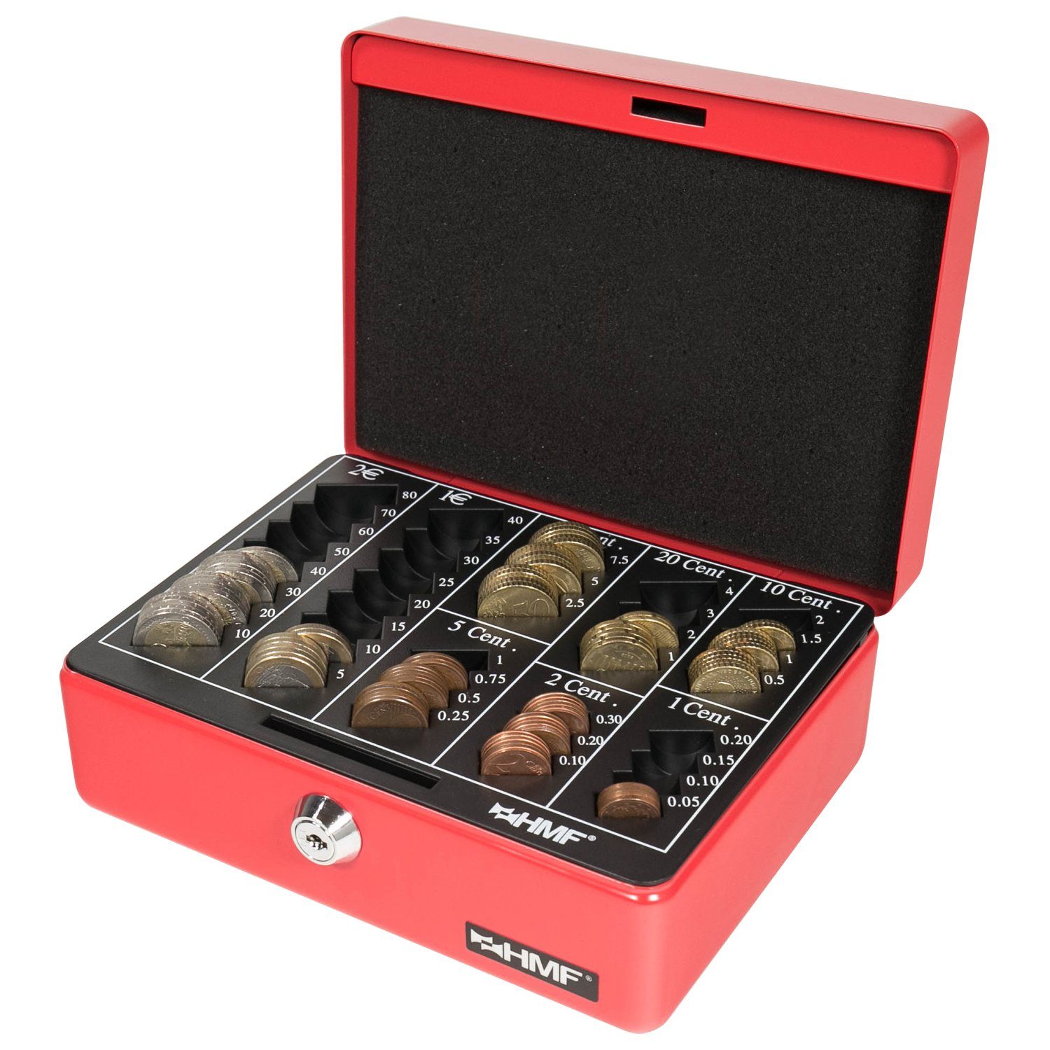 Geldbox rot Geldkassette mit Schlüssel, robuste HMF Bargeldkasse mit Münzzählbrett, Abschließbare cm 20x16x9