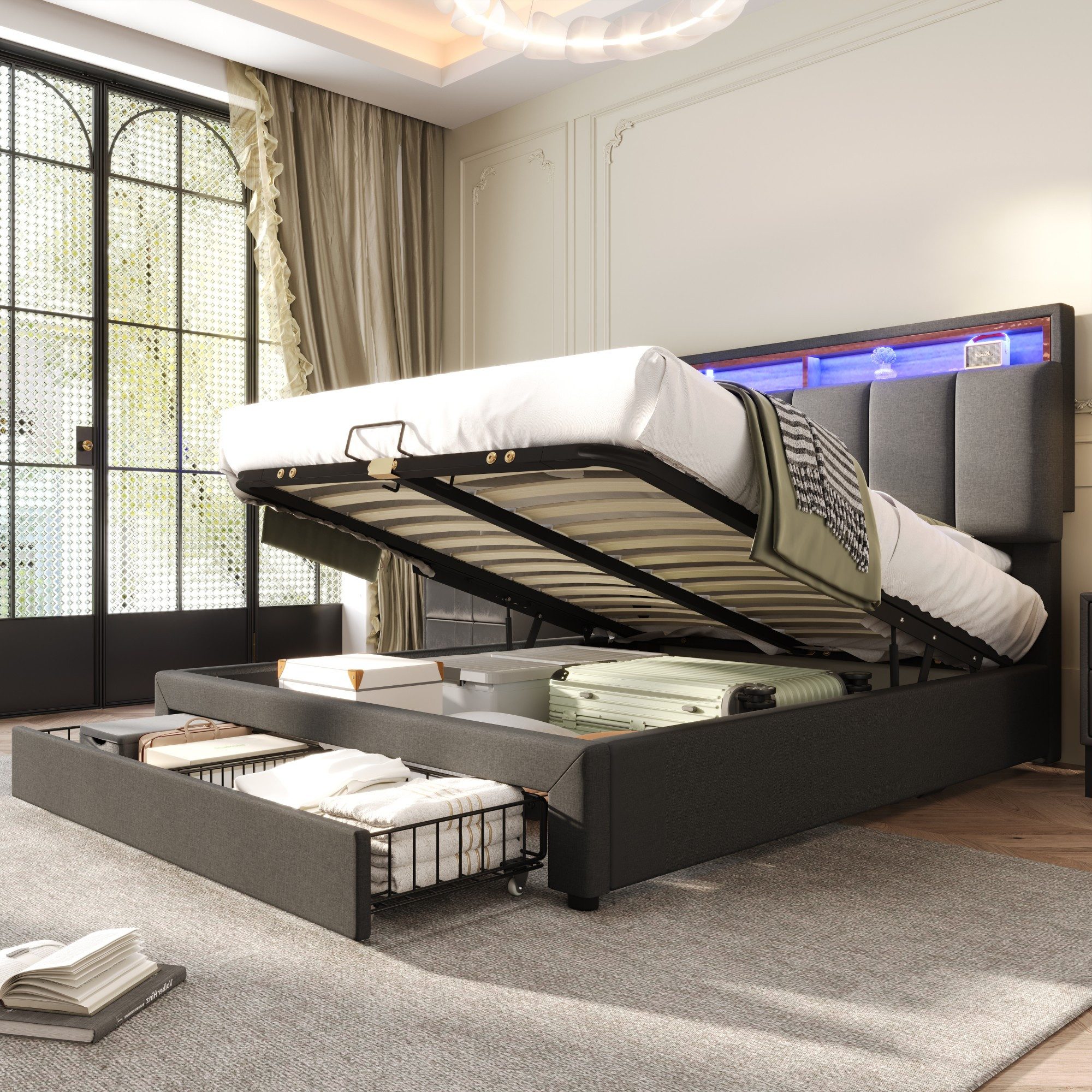 Flieks Polsterbett, LED Hydraulisches Doppelbett mit Schubladen 140x200cm L günstig online kaufen