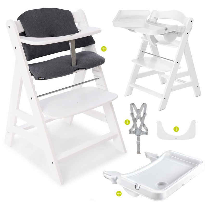 Hauck Hochstuhl Alpha Plus Weiß, Holz Kinderhochstuhl mit Essbrett, Sitzkissen verstellbar, mitwachsend