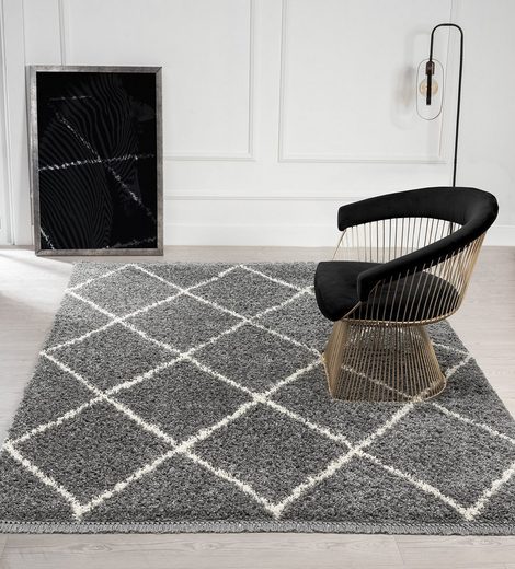 Teppich »Bahar Shaggy Hochflor Langflor Wohnzimmer Teppich Rauten Muster Grau 080x150 cm«, the carpet, Rechteck, Höhe 35 mm