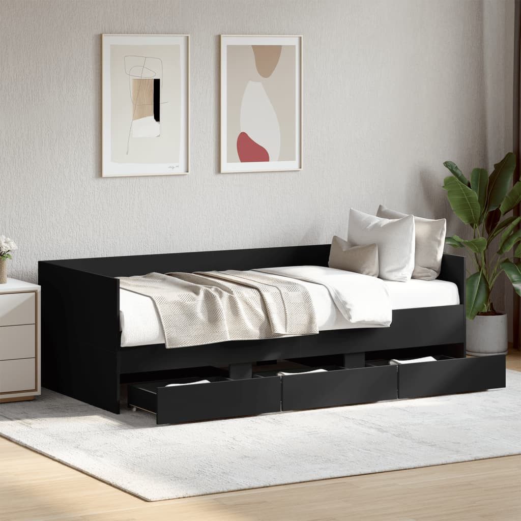 furnicato Bett Tagesbett mit Schubladen 193x78x65 cm Schwarz Massivholz (1-tlg), Gästebett als Sofa mit 3 Schubladen auf Rollen für das Schlafzimmer