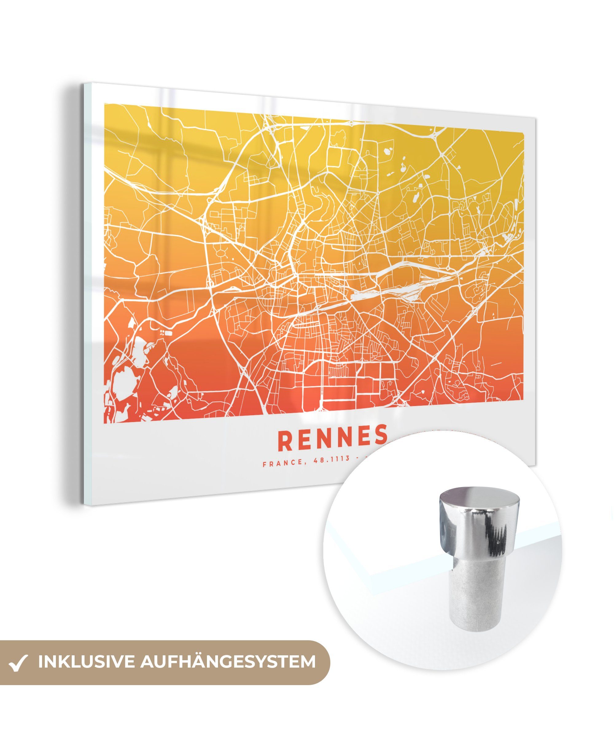 MuchoWow Acrylglasbild Frankreich - Rennes - Stadtplan, (1 St), Acrylglasbilder Wohnzimmer & Schlafzimmer