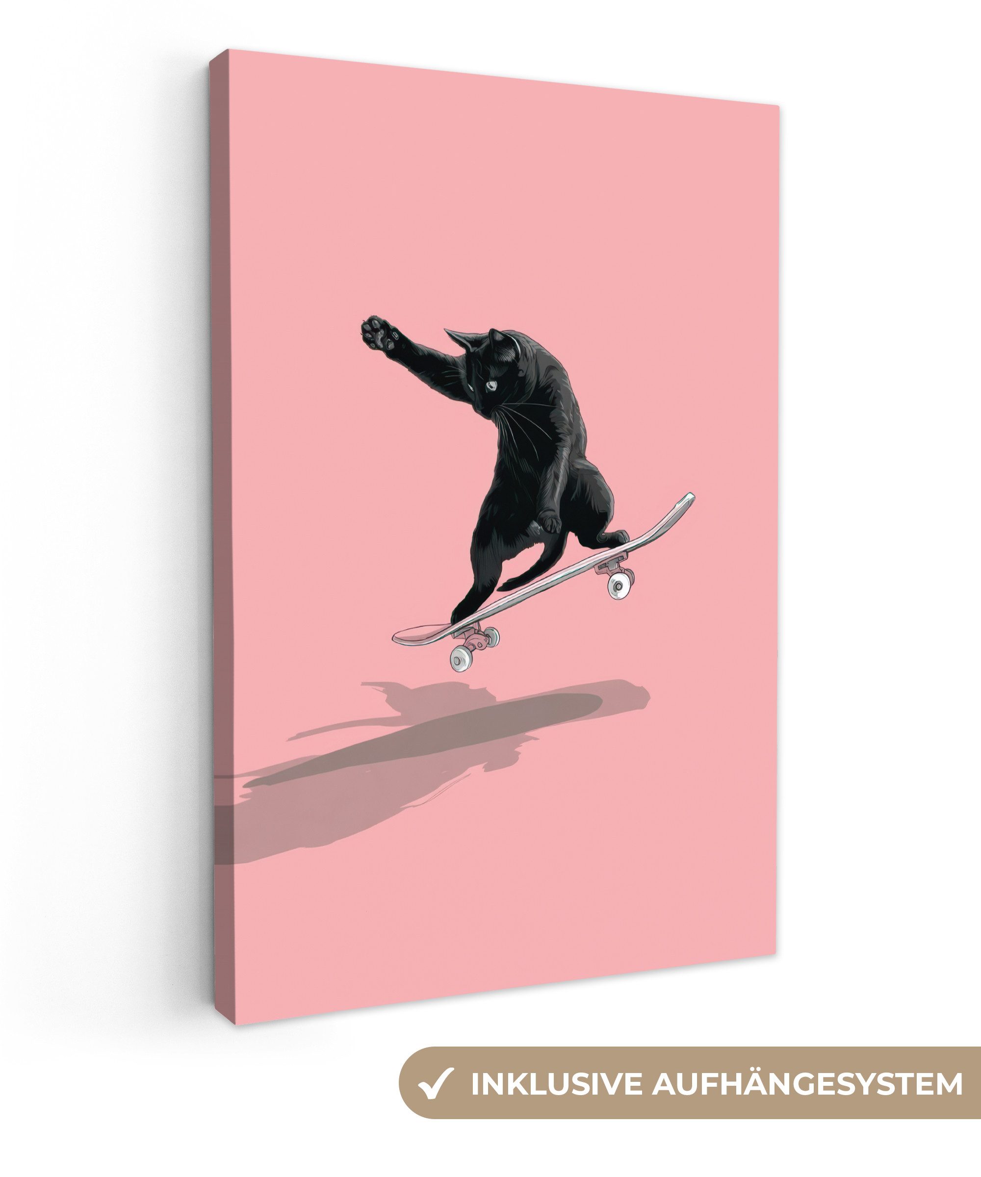 Leinwandbild Katze - Skateboard - Rosa