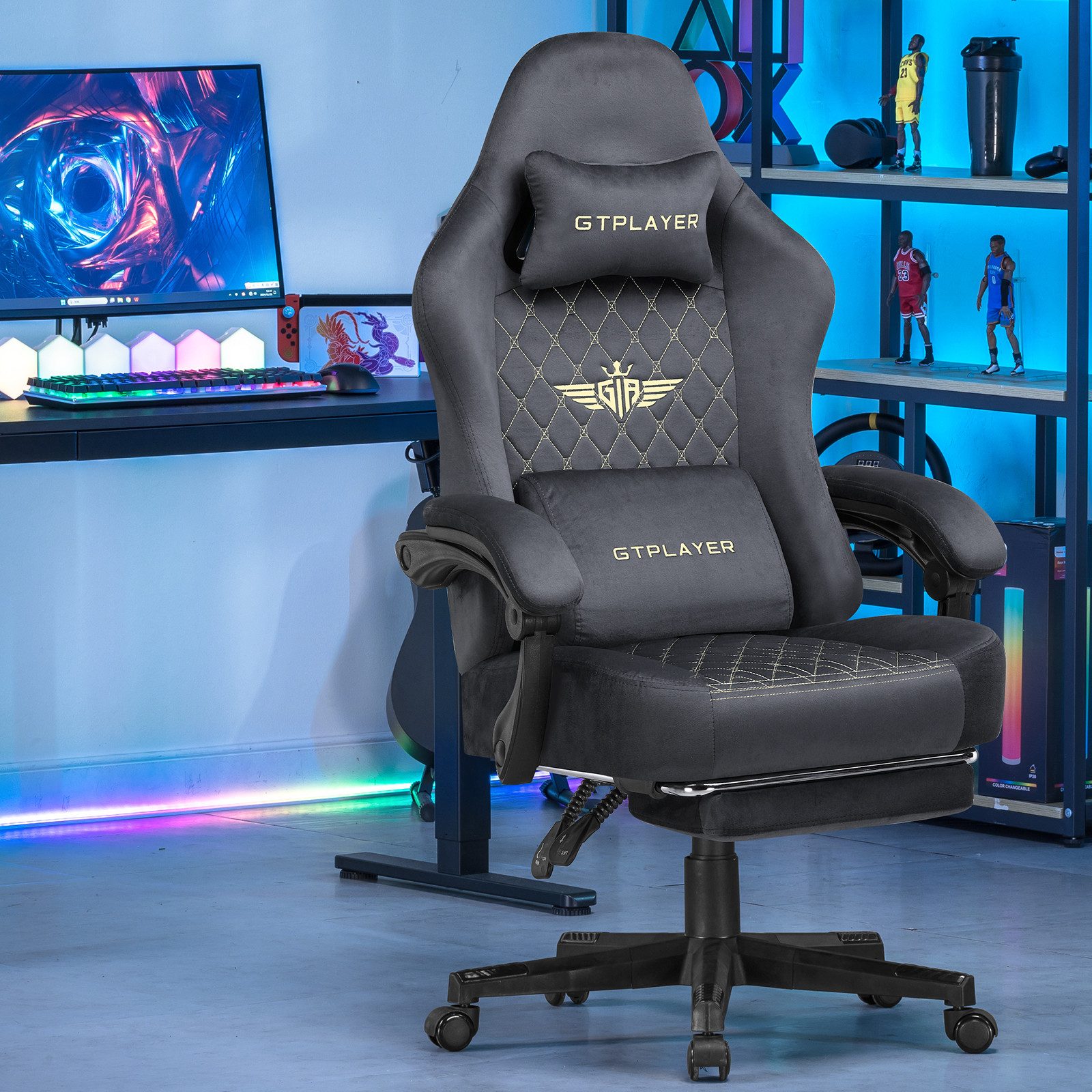 GTPLAYER Gaming-Stuhl Stoff Gaming Chair Ergonomisch Bürostuh PC Stuhl, 150kg Belastbarkeit, Schreibtischstuh mit Federsitzkissen und Fußstütze – Bild 2 von 5
