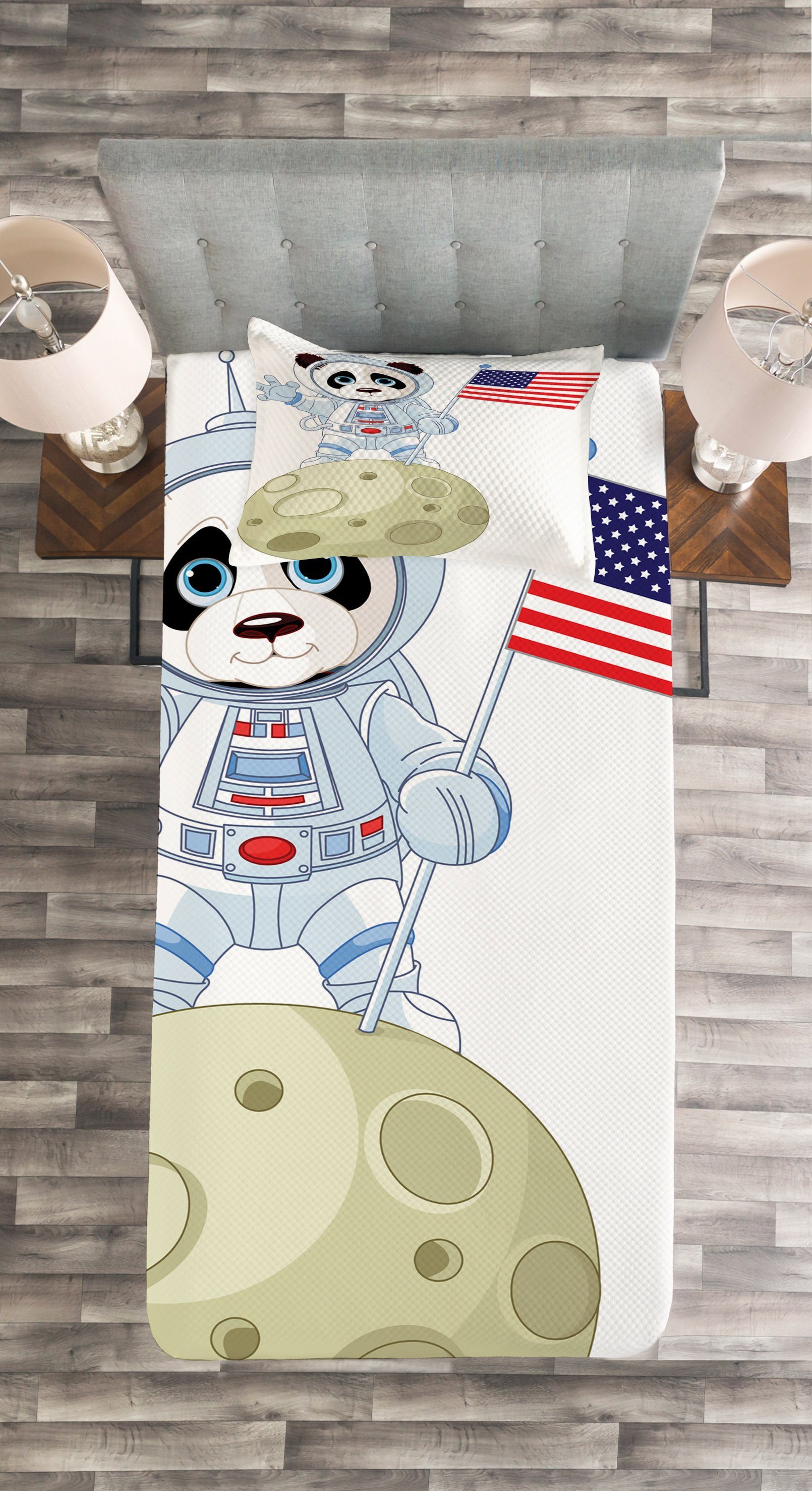 Mond-Karikatur Set Kissenbezügen Abakuhaus, Tagesdecke Astronaut Waschbar, auf Panda mit