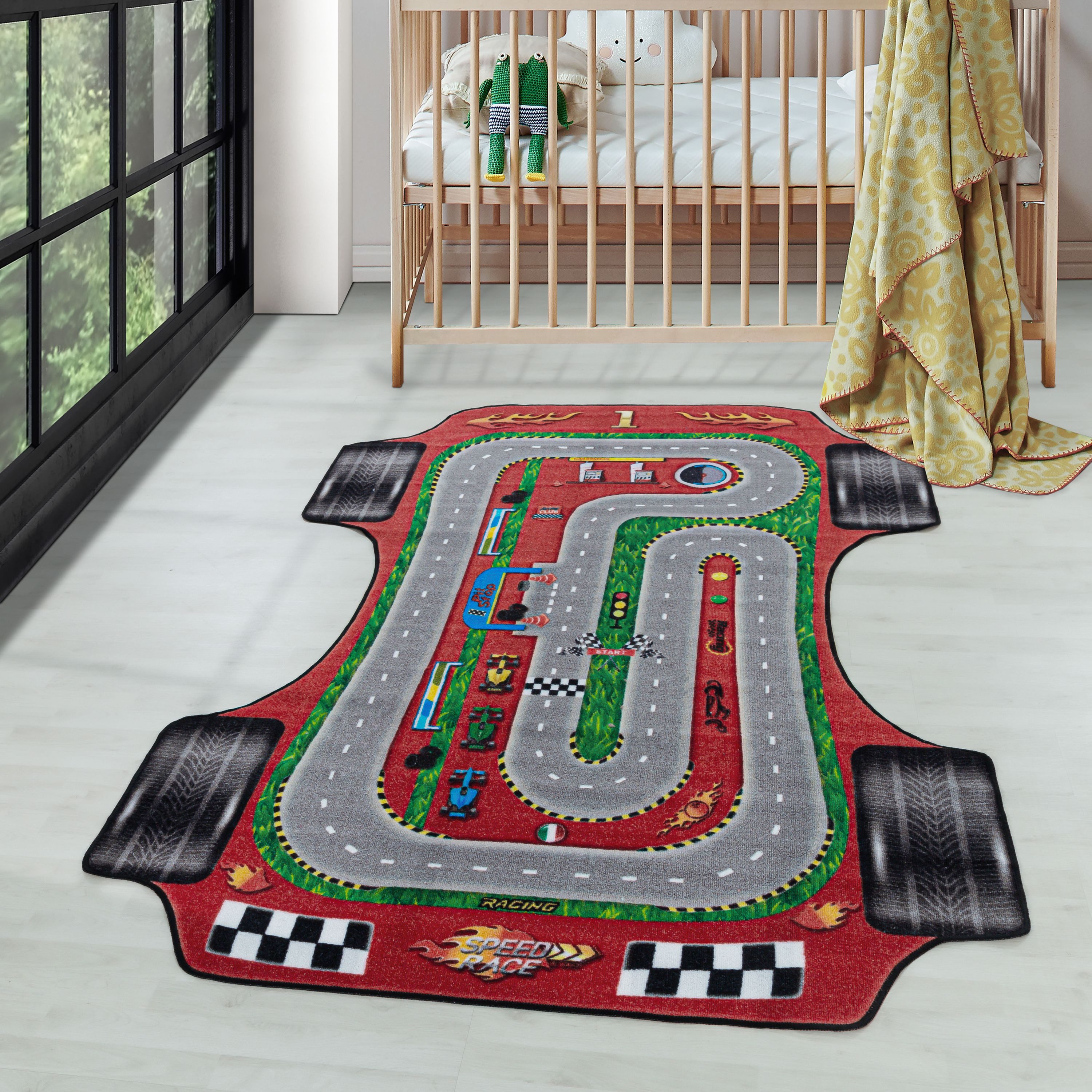 Kinderteppich Rennstrecke, Carpettex, Läufer, Höhe: 7 mm, Kinderteppich Rot Rennstrecke Teppich Kinderzimmer Rutschfest Waschbar