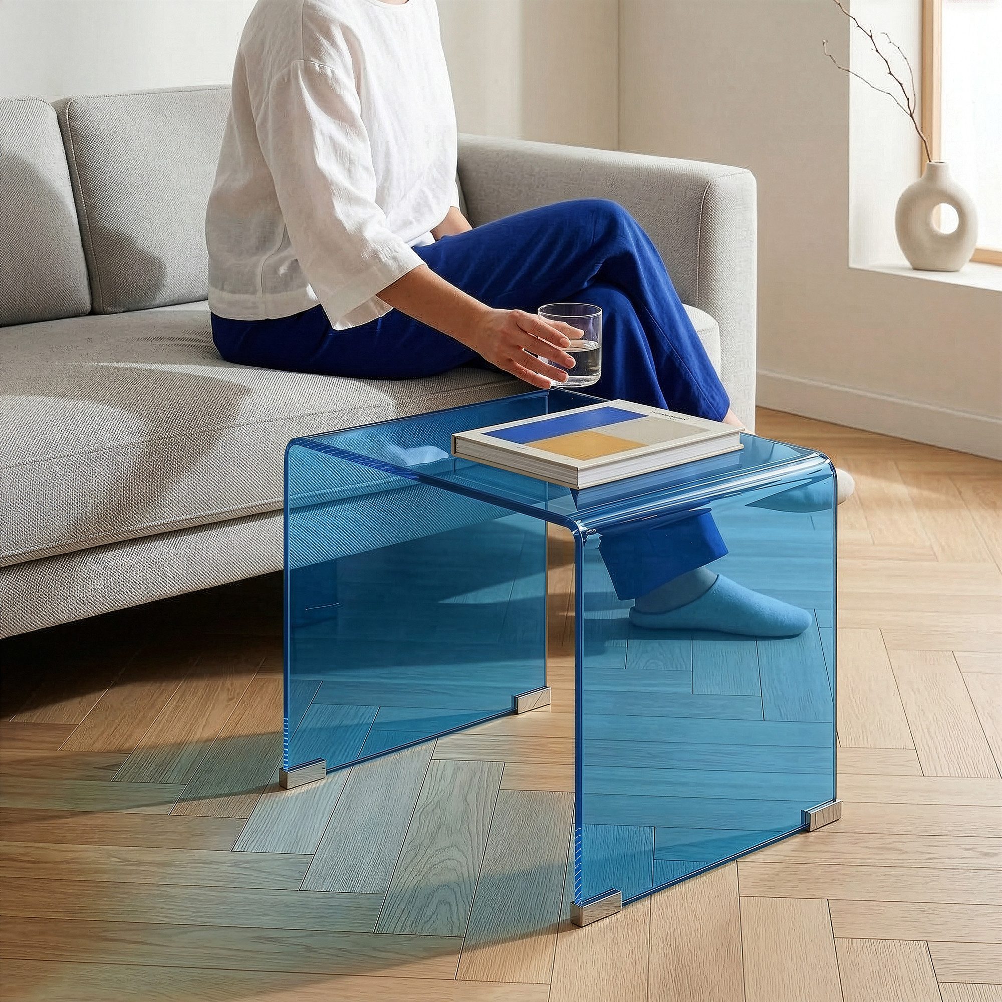 en.casa Beistelltisch, »Varlofrek« Glas 50 x 50 x 50 cm fertig montiert Blau