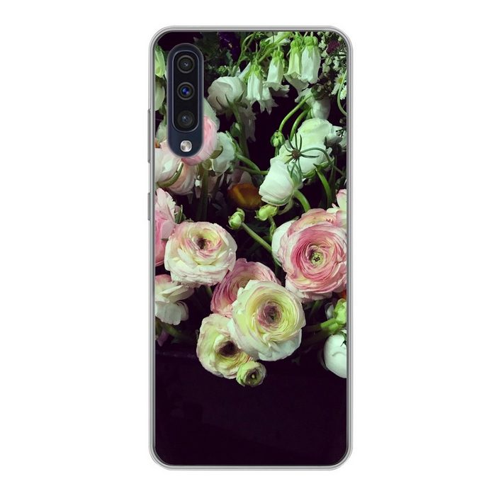 MuchoWow Handyhülle Pastellfarbene Blumen auf schwarzem Hintergrund Handyhülle Samsung Galaxy A30s Smartphone-Bumper Print Handy