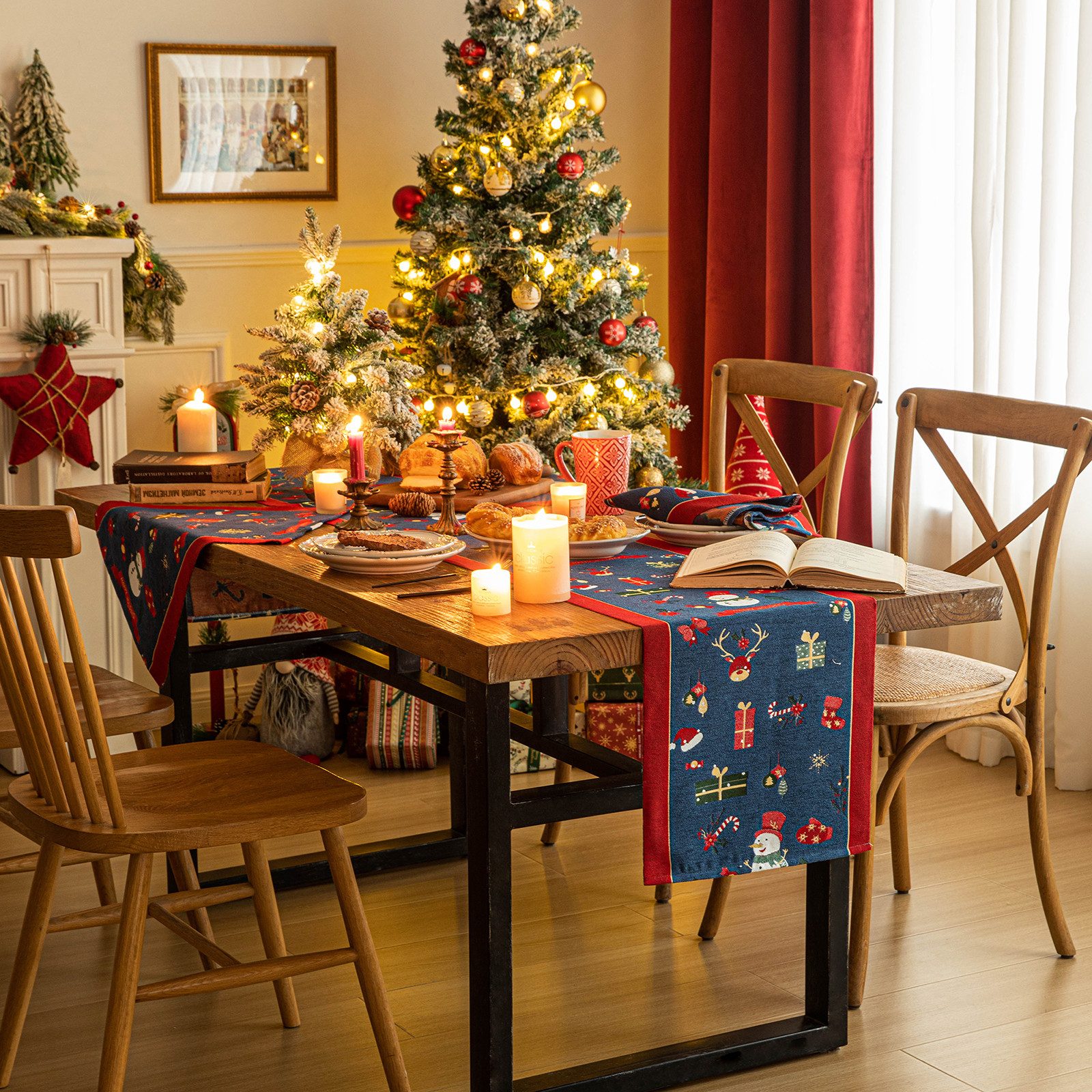 BTTO Tischdecke Weihnachtlich kariertes Dekorativer Tischläufer,Tischläufer Platzsets, Weihnachtstischdecke für Party Esszimmer Küche