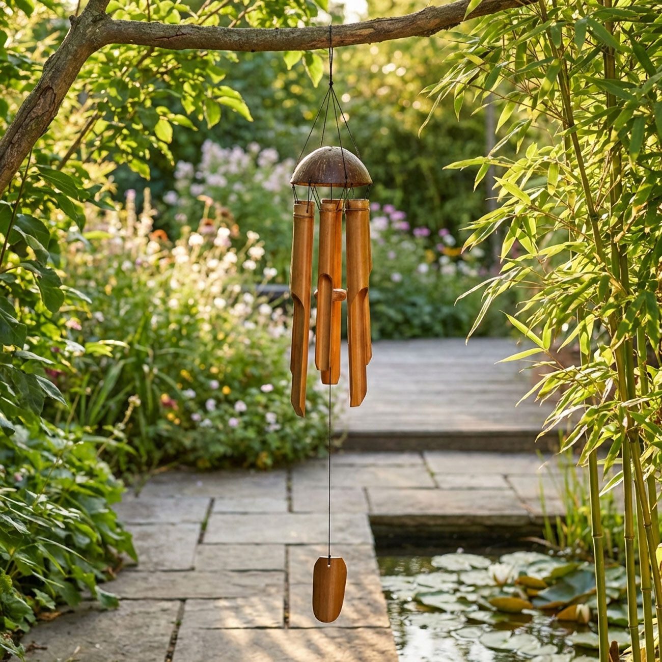 Progarden Windspiel Klangspiel Windspiel Bambus Ø15x30cm Windorgel Feng Shui Balkon Deko, mit 6 Röhren aus Bambus & Kokosnuss
