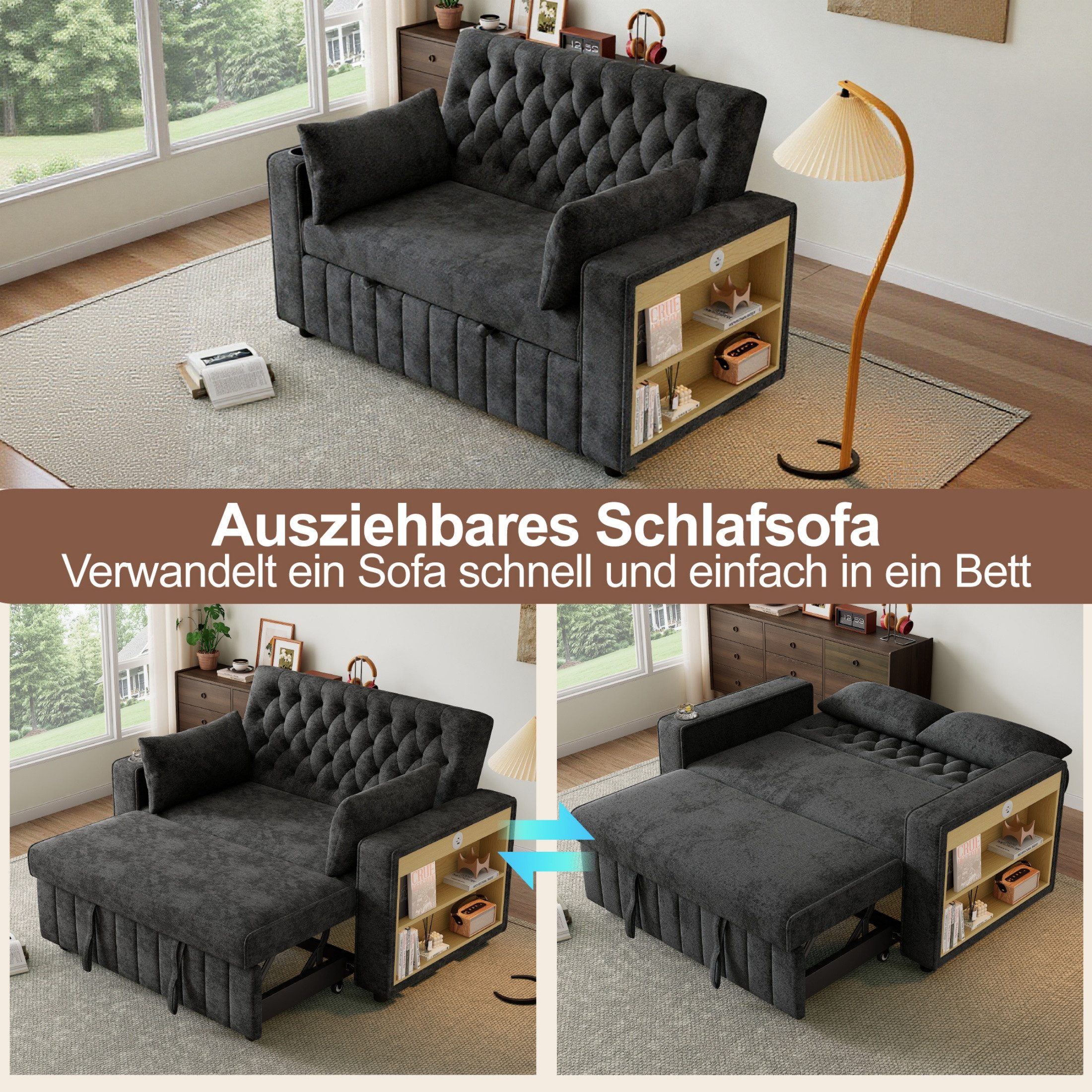 autolock Schlafsofa Multifunktionales Schlafsofa Klappsofa mit Stauraum & Schlaffunktion, Doppelsofa Couch für Wohnzimmer, Schlafzimmer und Gästezimmer