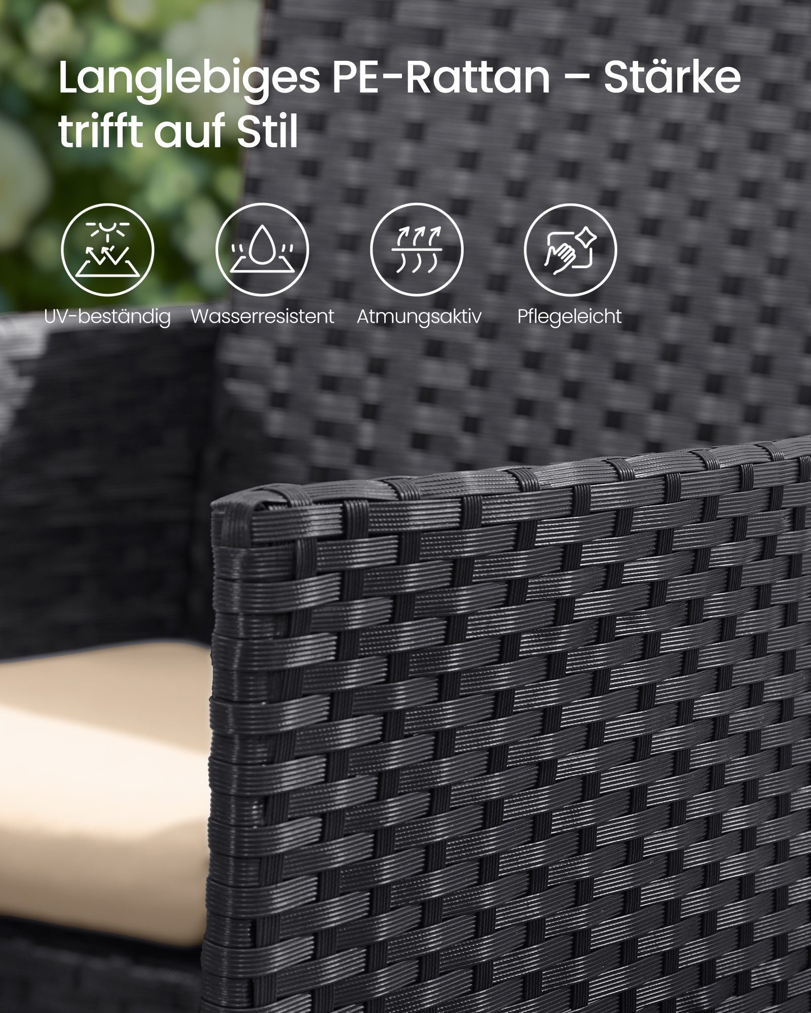 SONGMICS Gartenlounge-Set Balkonmöbel aus PE-Polyrattan, (4-tlg., 2 Gartenstuhl, 1 Sofa, 1 Gartentisch, mit Kissen), Balkonmöbel, Terrassenmöbel – Bild 5 von 5