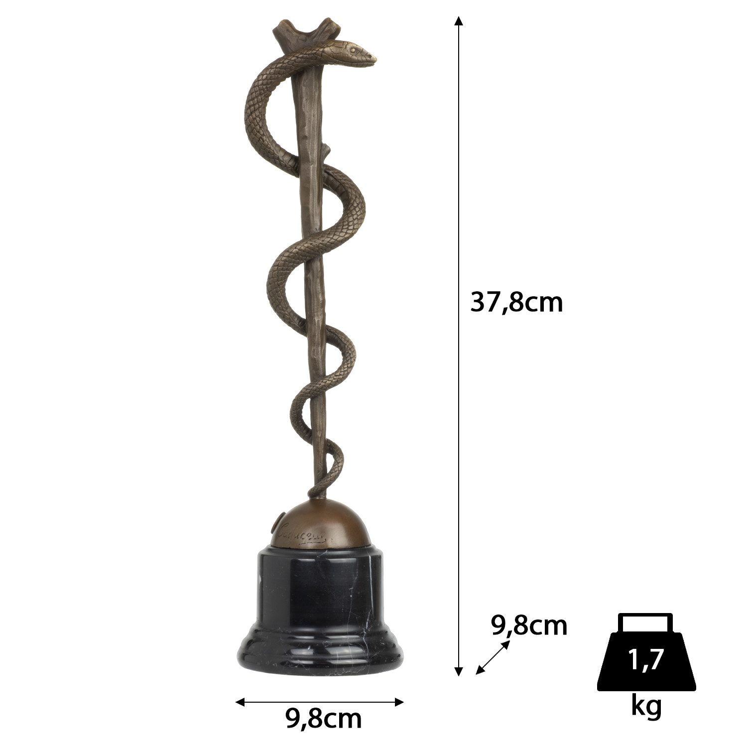 Moritz Skulptur Bronzefigur Äskulapstab mit Schlange auf Marmorsockel