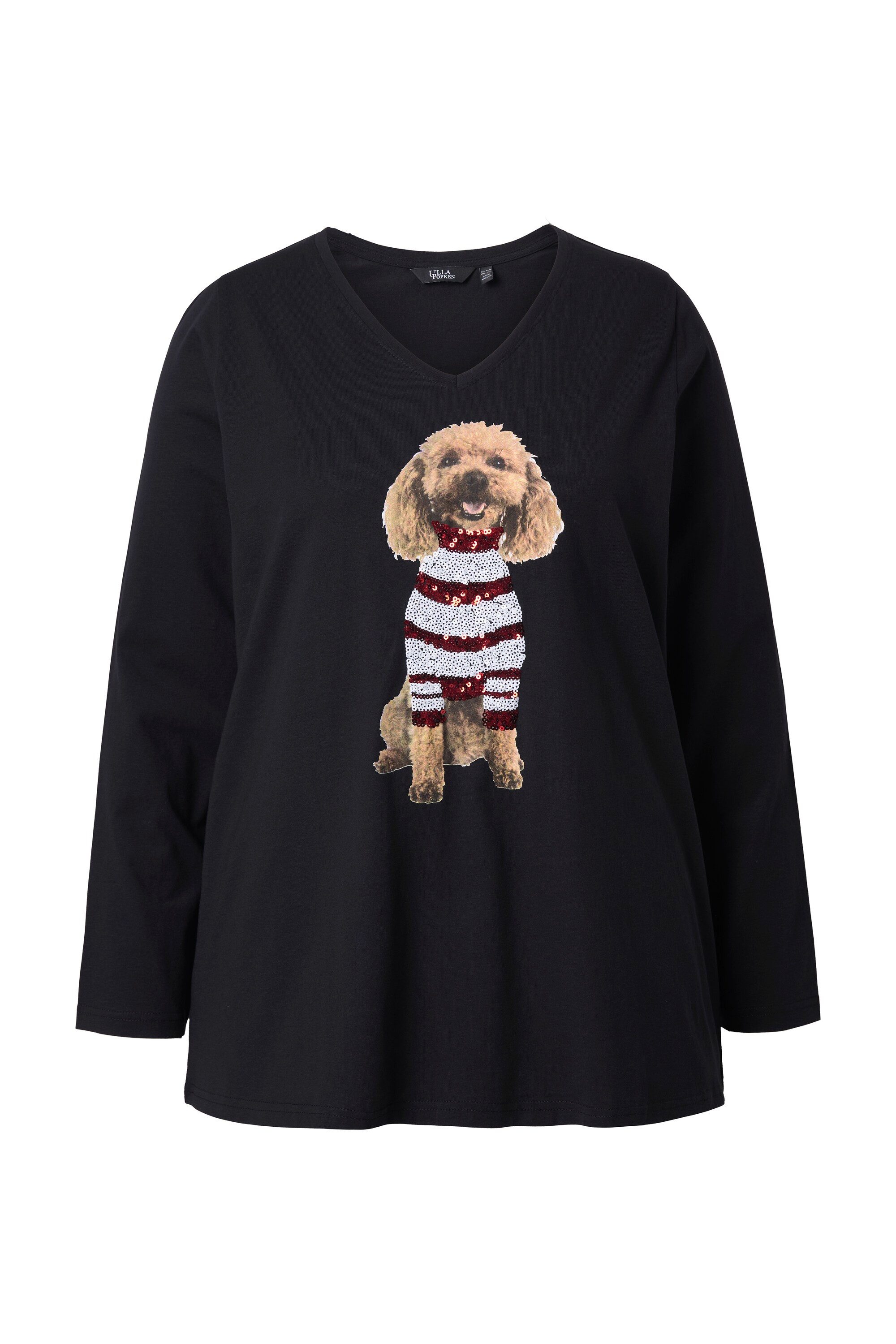 Ulla Popken Longsleeve Shirt Hund Pailletten A-Linie V-Ausschnitt Langarm günstig online kaufen