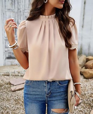 ZWY Hemdbluse Elegantes plissiertes Stehkragen-Top, Streetwear-Shirt Damen Pullover, T-Shirt mit Puffärmeln
