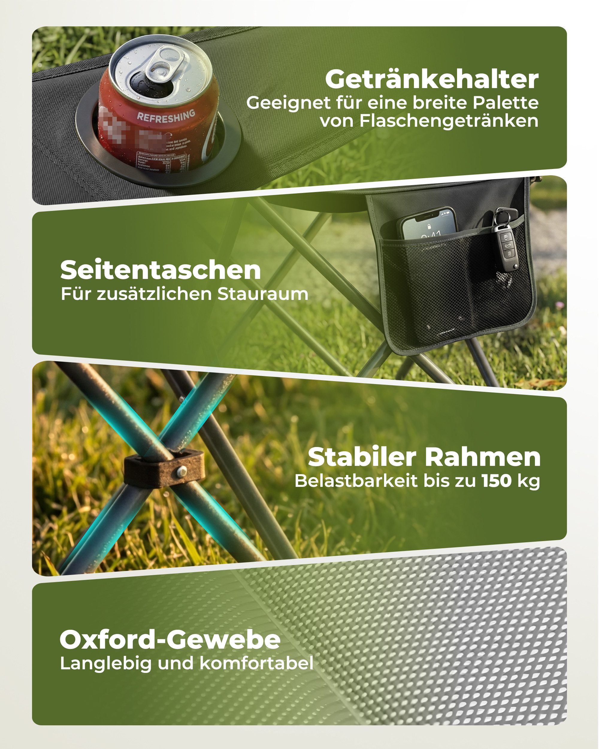 HOMECALL Campingstuhl Hochlehner 110cm mit Lendenwirbelstütze Klappstuhl Angelstuhl Faltbar (Bis 150kg, gepolstert, faltbar, stabil, 1 St), für Camp Garten Balkon