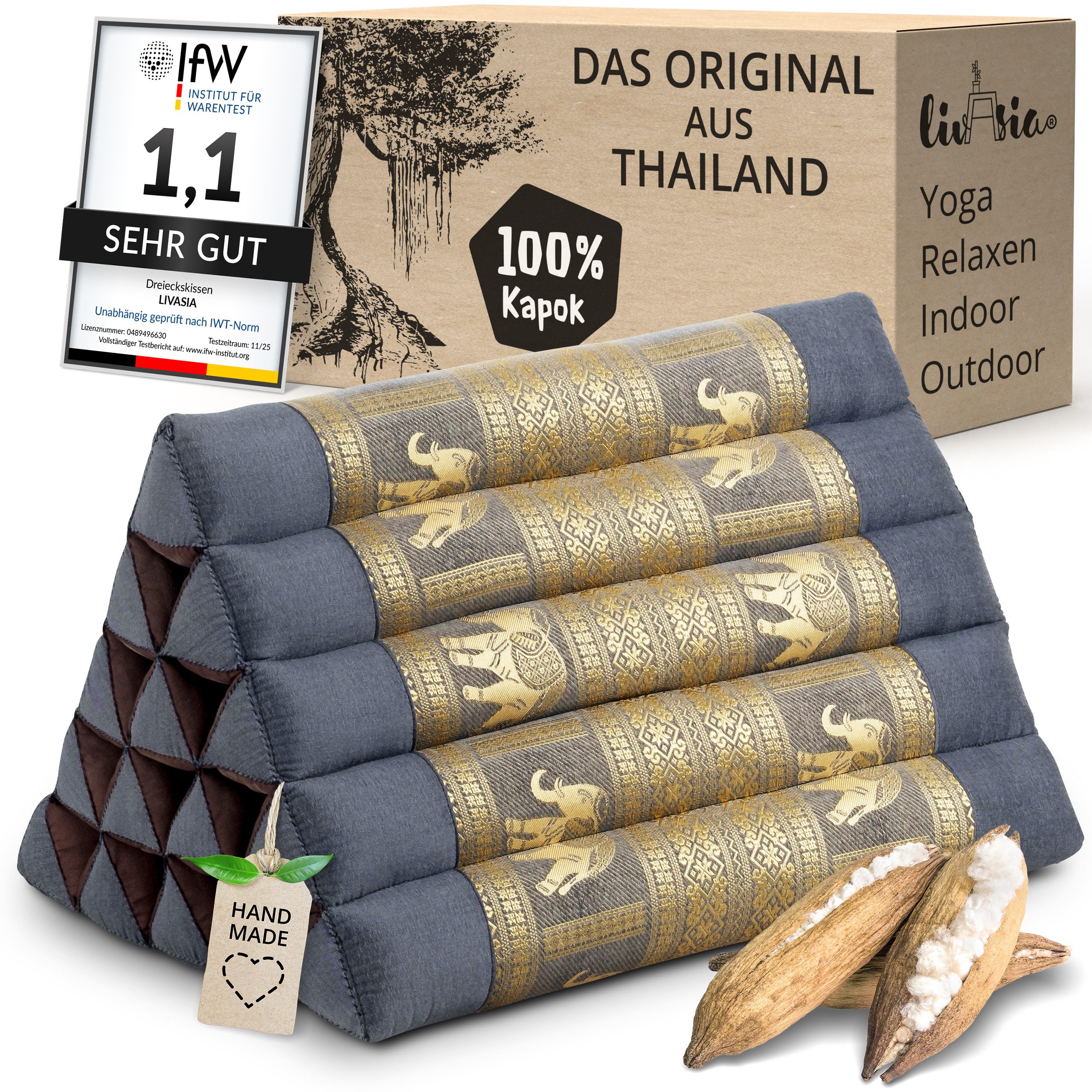 livasia Keilkissen Dreieckskissen hoch (Deluxe) - 38x55x35cm, Kapok, vegan, handgefertigt