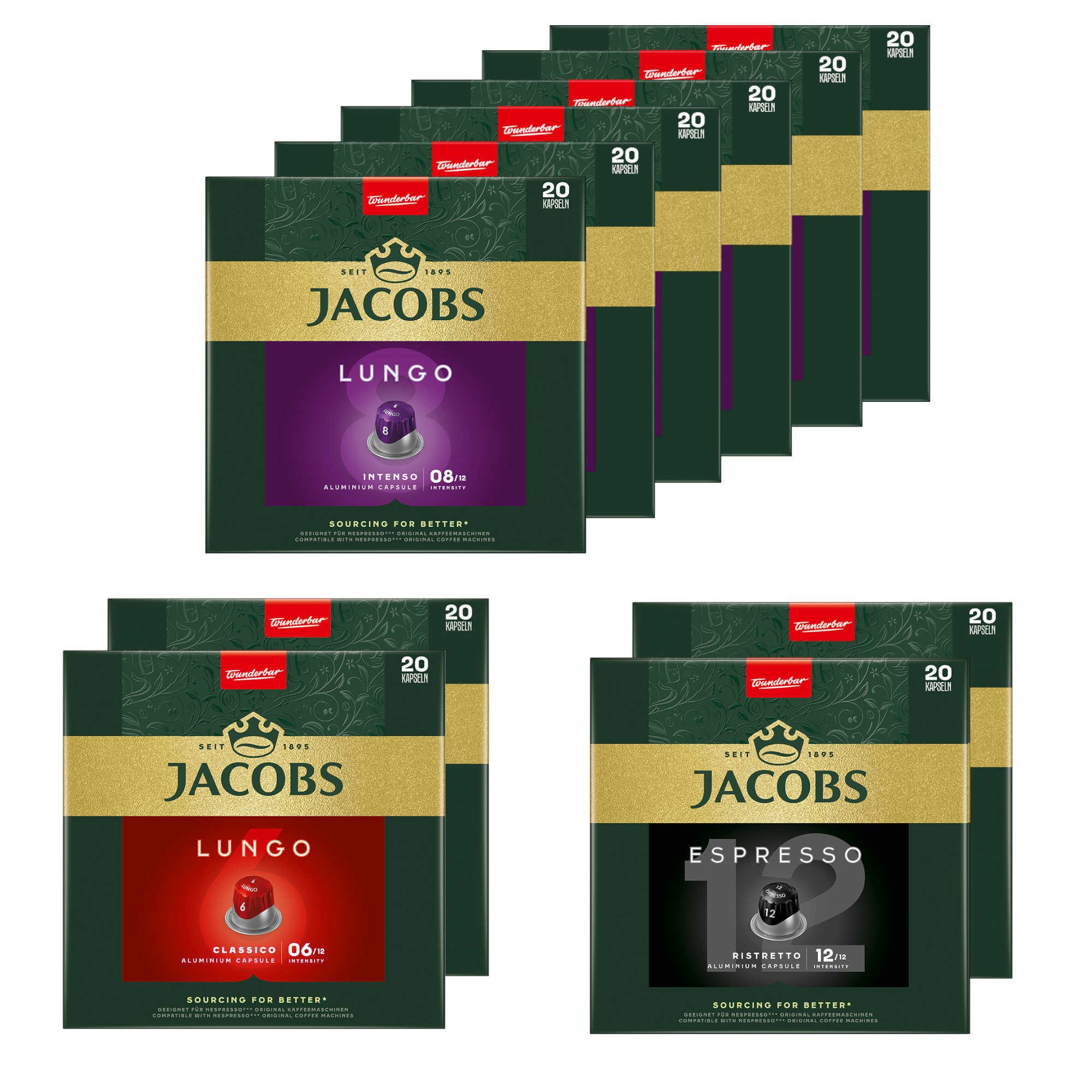 JACOBS Kaffee Kapseln 200 Nespresso®* kompatibel Lungo 8 & 6 + Espresso 12 Ristretto, 1040 g, (Packung, 10er Pack)