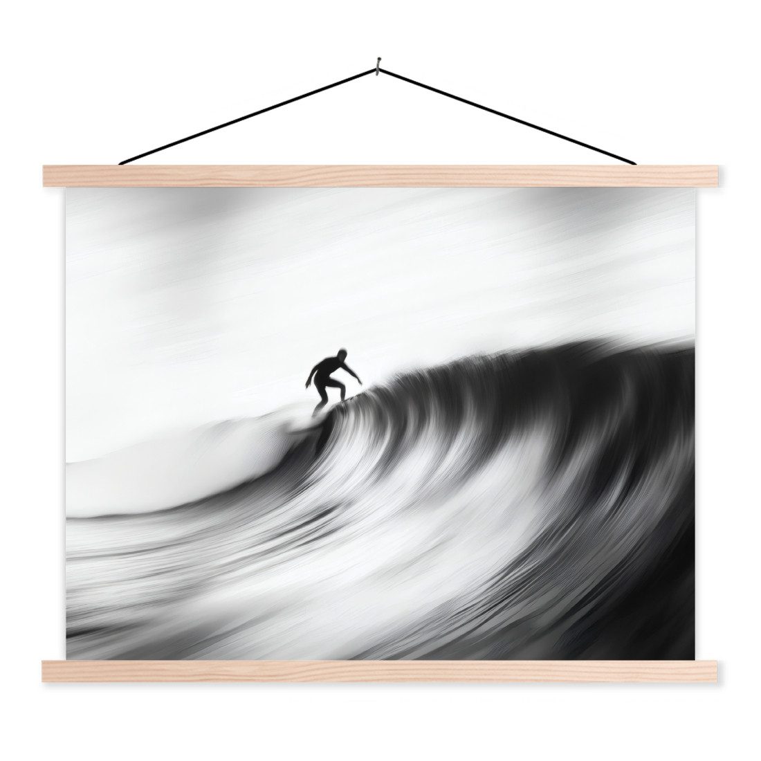 MuchoWow Poster Surfer - Welle - Verblasst - Schwarz, (1 St), Posterleiste, Textilposter für Wohnzimmer, Bilderleiste, 40x30 cm