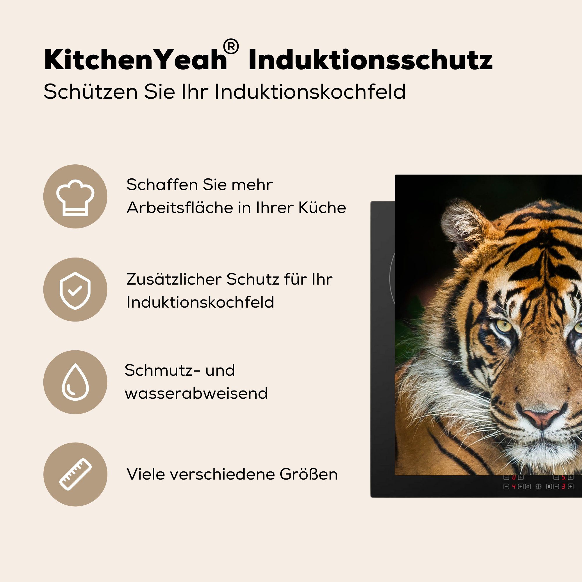 MuchoWow Herdblende-/Abdeckplatte Sumatra-Tiger 78x78 küche Vinyl, schwarzen für vor einem Ceranfeldabdeckung, Arbeitsplatte tlg), Hintergrund, (1 cm