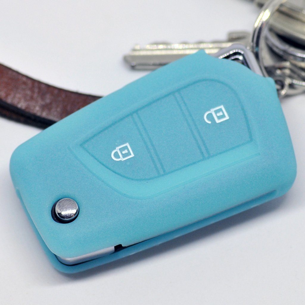 mt-key Schlüsseltasche Autoschlüssel Softcase Silikon Schutzhülle fluoreszierend Blau, für Toyota Aygo Citroen C1 Peugeot 108 2 Tasten Klappschlüssel