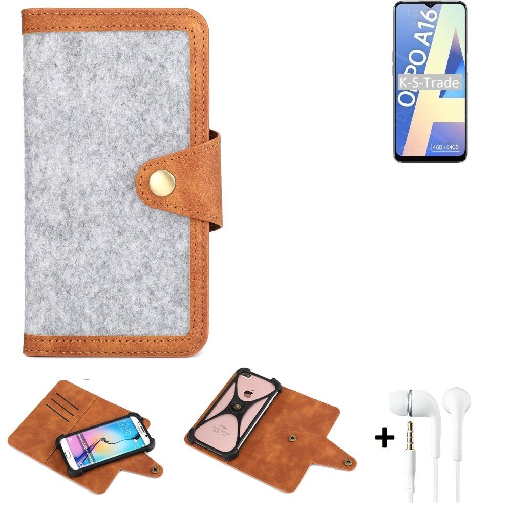 K-S-Trade Handyhülle für Oppo A16, Handyhülle + Kopfhörer Schutzhülle Filz Hülle Kunstleder