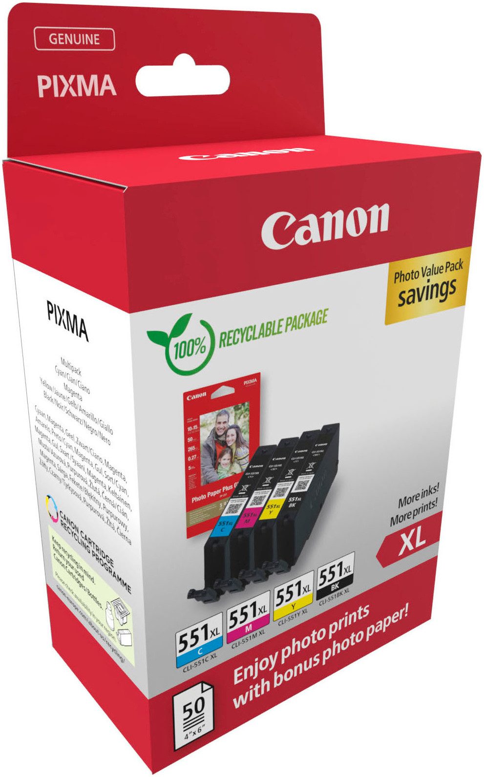 Canon CLI-551XL BK/C/M/Y + Photo Value Pack Tintenpatrone (Packung, 4-tlg)