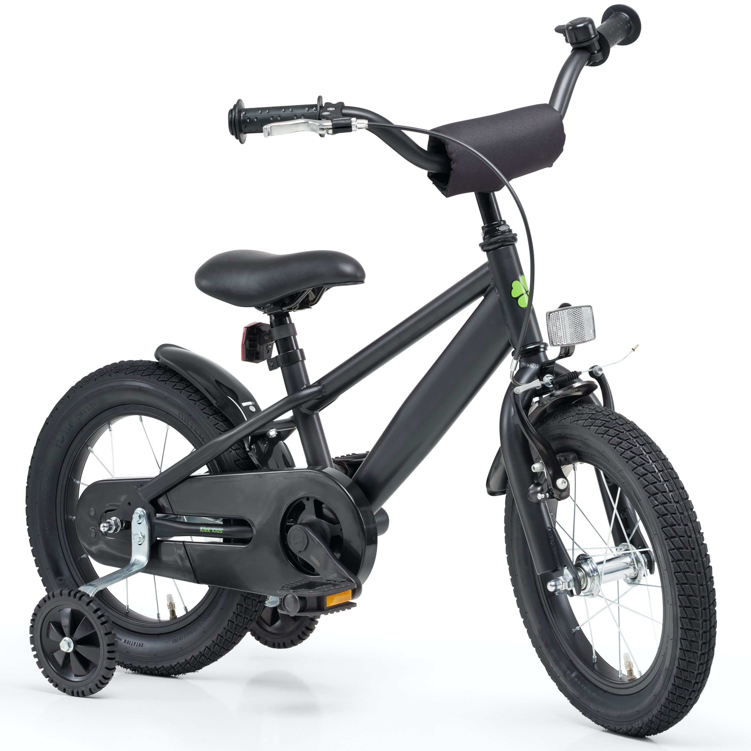 Klee-Kids Kinderfahrrad 12 Zoll Matt Schwarz Fahrrad ab 3 Jahre, Rücktrittbremse, V-Brake, Stützräder, Ständer