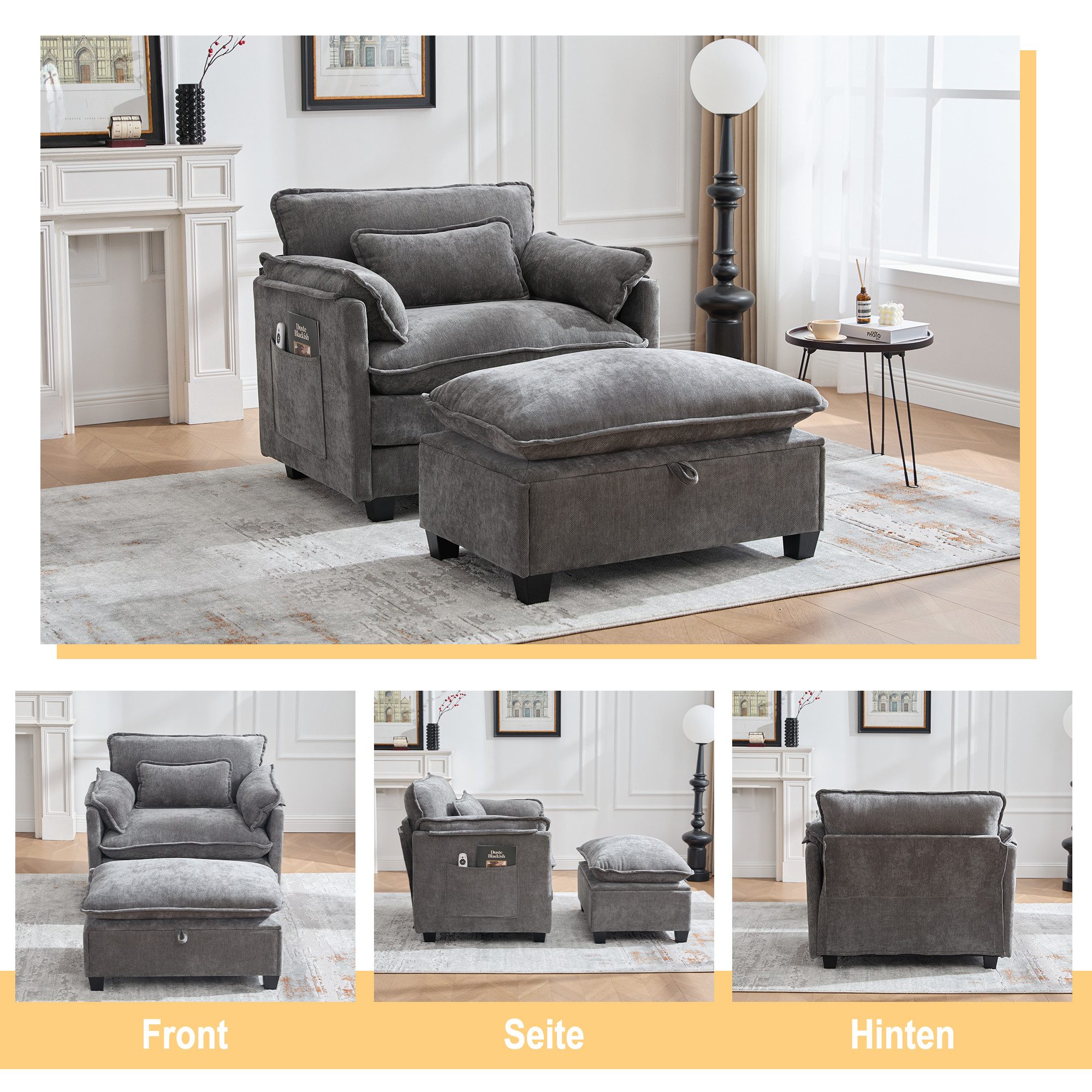 Totnz Sessel mit Hocker und Stauraum, Chenille Stoff, Seitentaschen (mit Hocker und Stauraum, Chenille Stoff, Seitentaschen, breite Sitzfläche mit Armlehnen, stabile Struktur), für Wohnzimmer, Schlafzimmer und kleine Räume