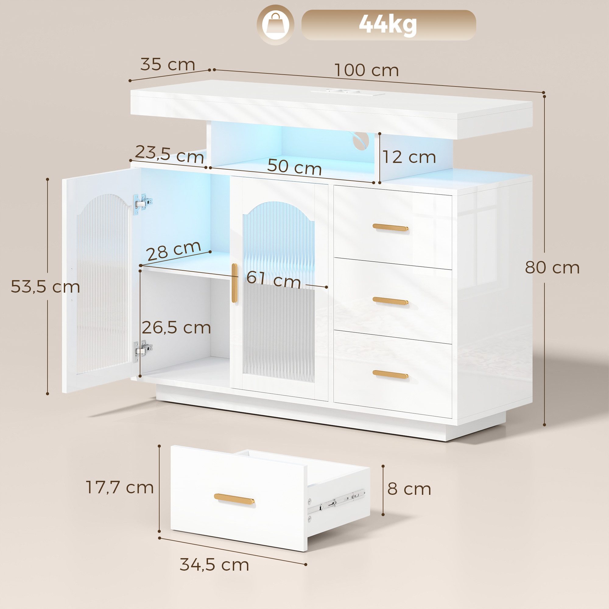 HOMCOM Sideboard Kommode mit LED, Steckdosen, 3 Schubladen (Set, 1 St., Hochglanz Aufbewahrungsschrank), für Wohnzimmer, Schlafzimmer 100x35x80 cm, Weiß