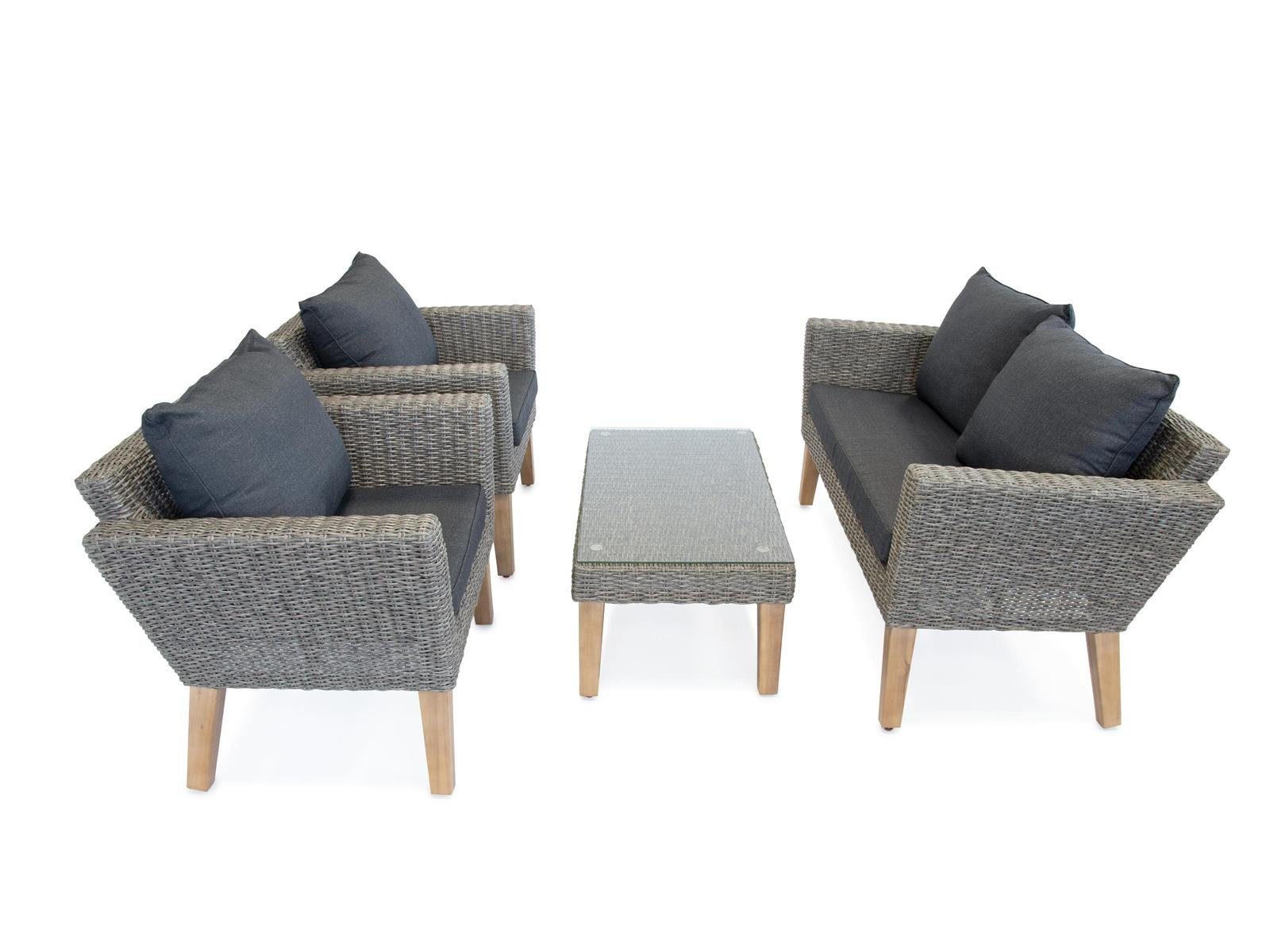 Green Spirit Balkonset »Montecristo« Gartenmöbel Set Rattan Garnitur Outdoor Lounge Gruppe, (Set, 4-tlg., 2x Sessel, 1x 2-Sitzer Gartensofa, 1x Tisch), Polyrattan, grau, 4 Personen, wetterfest, Garten, Terrasse, Balkon